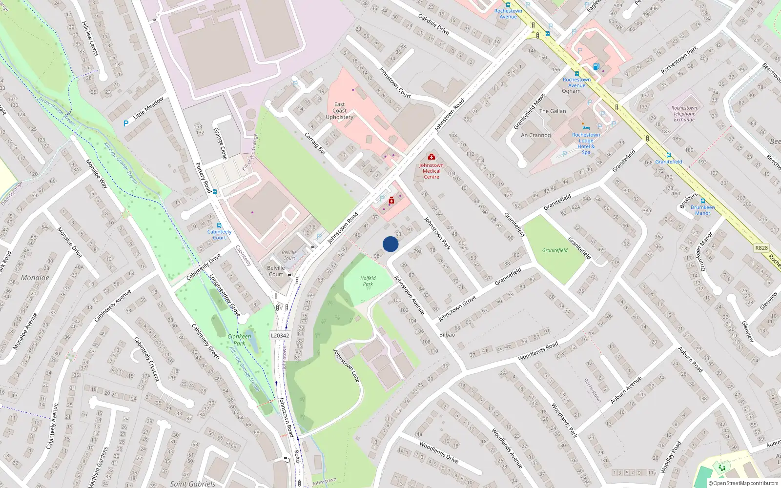 Overhead map showing the location of 95 Johnstown Avenue, Dun Laoghaire, Dublin