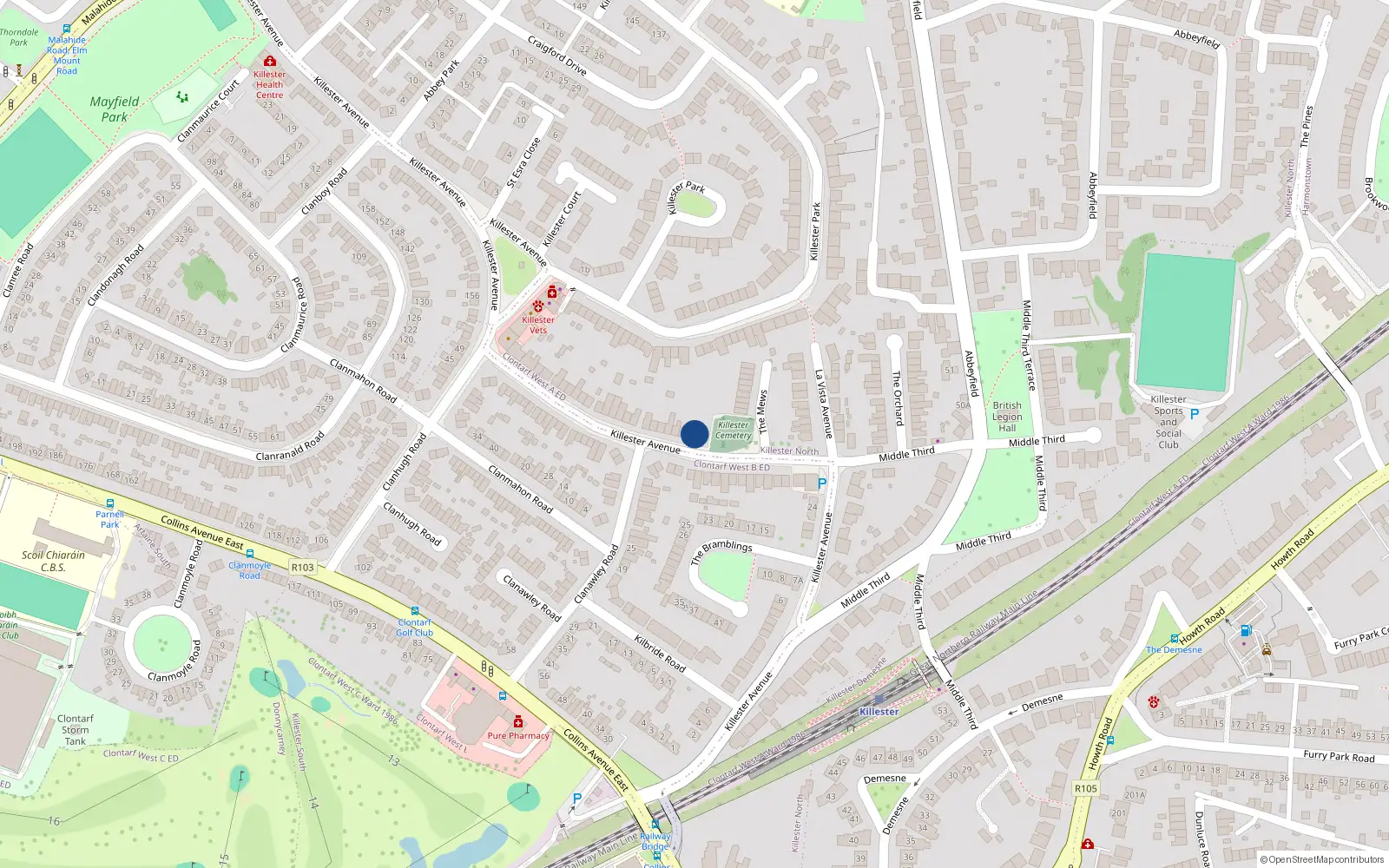 Overhead map showing the location of 95 Killester Avenue, Killester, Dublin 5