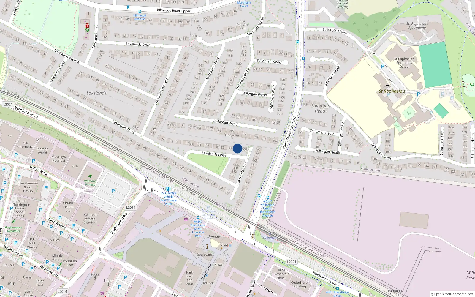 Overhead map showing the location of 95 Lakelands Close, Dublin