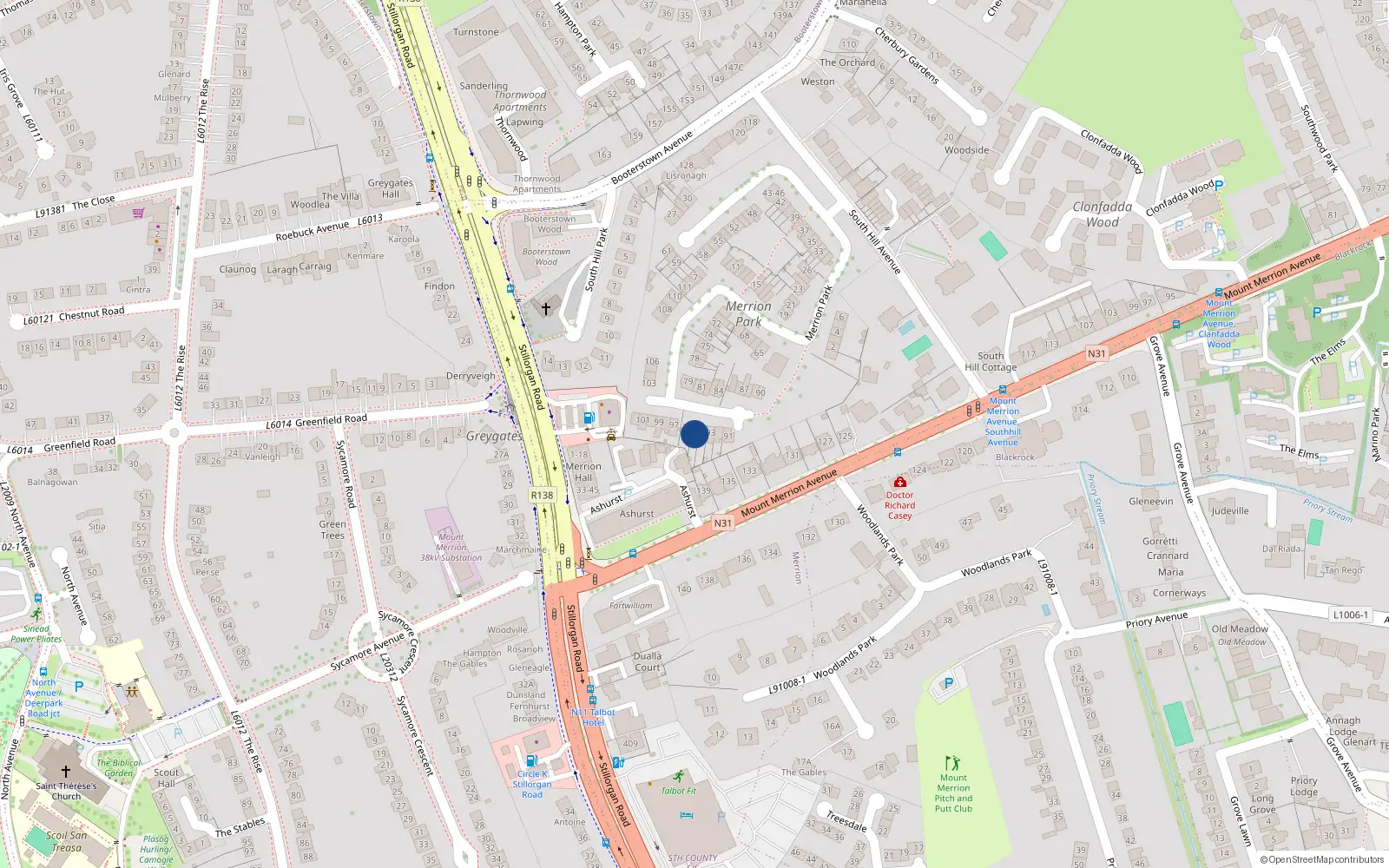 Overhead map showing the location of 95 Merrion Park, Blackrock