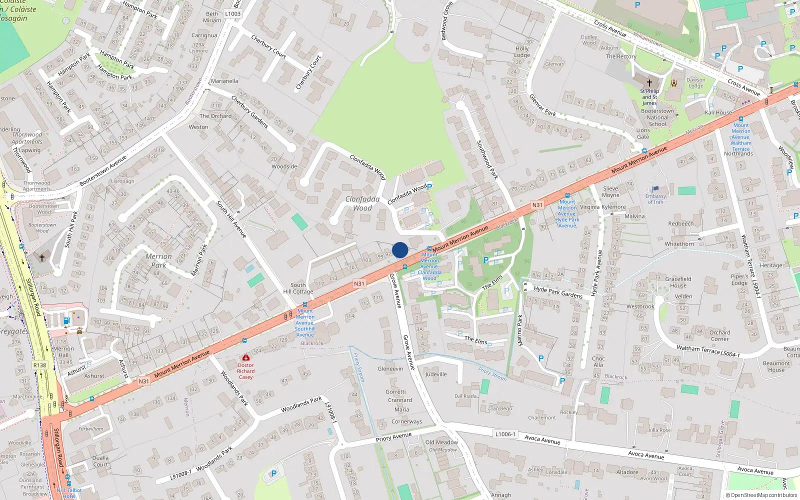 Overhead map showing the location of 95 Mount Merrion Avenue, Blackrock