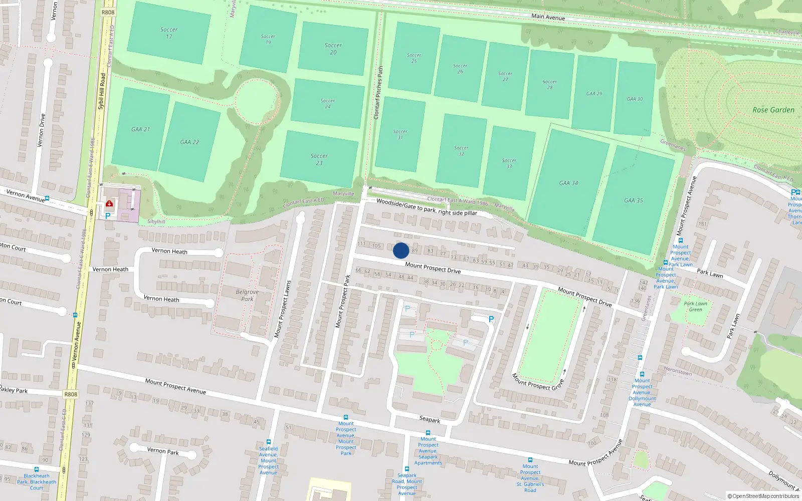 Overhead map showing the location of 95 Mount Prospect Drive, Clontarf, Dublin 3