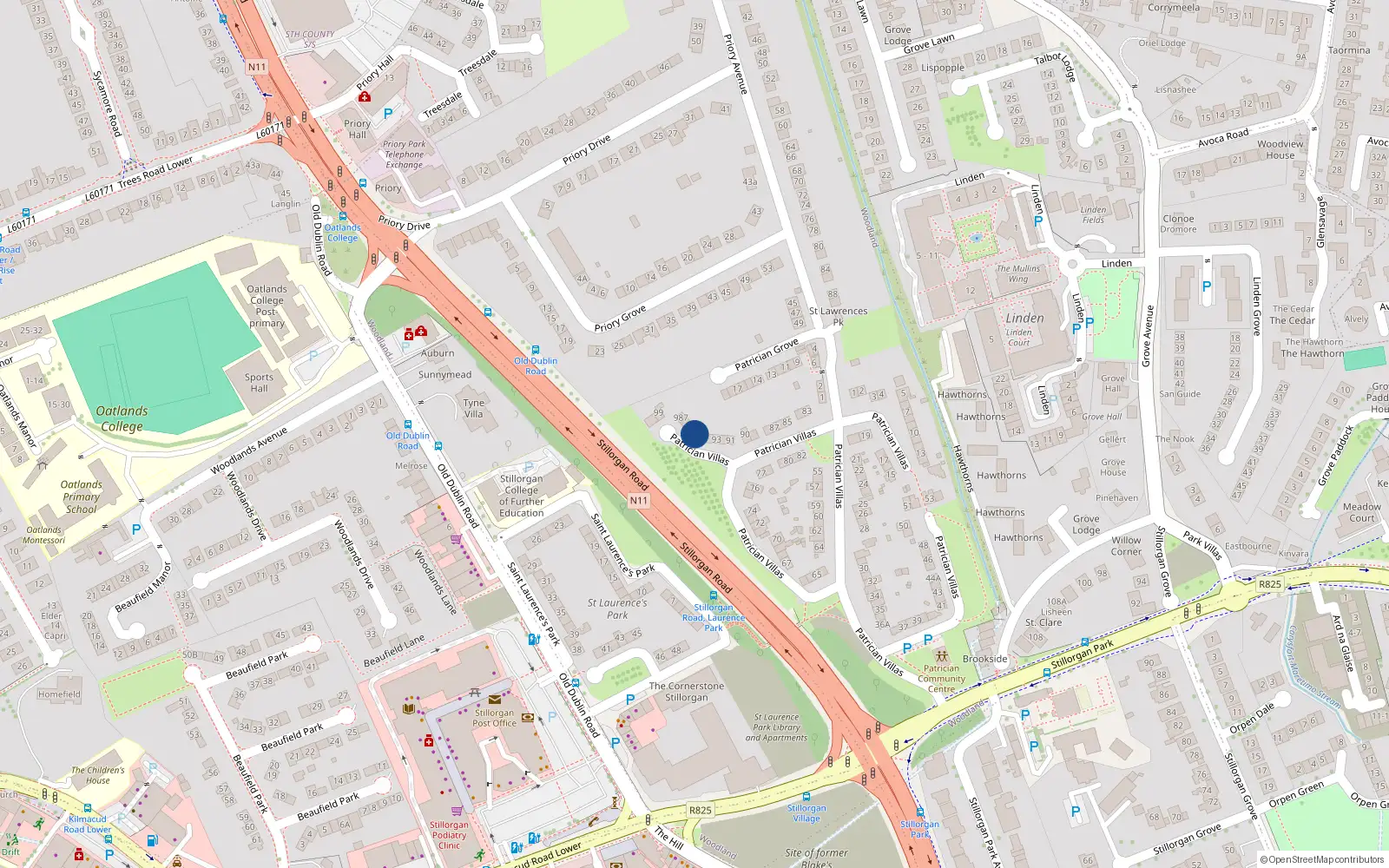 Overhead map showing the location of 95 Patrician Villas, Stillorgan, Co Dublin