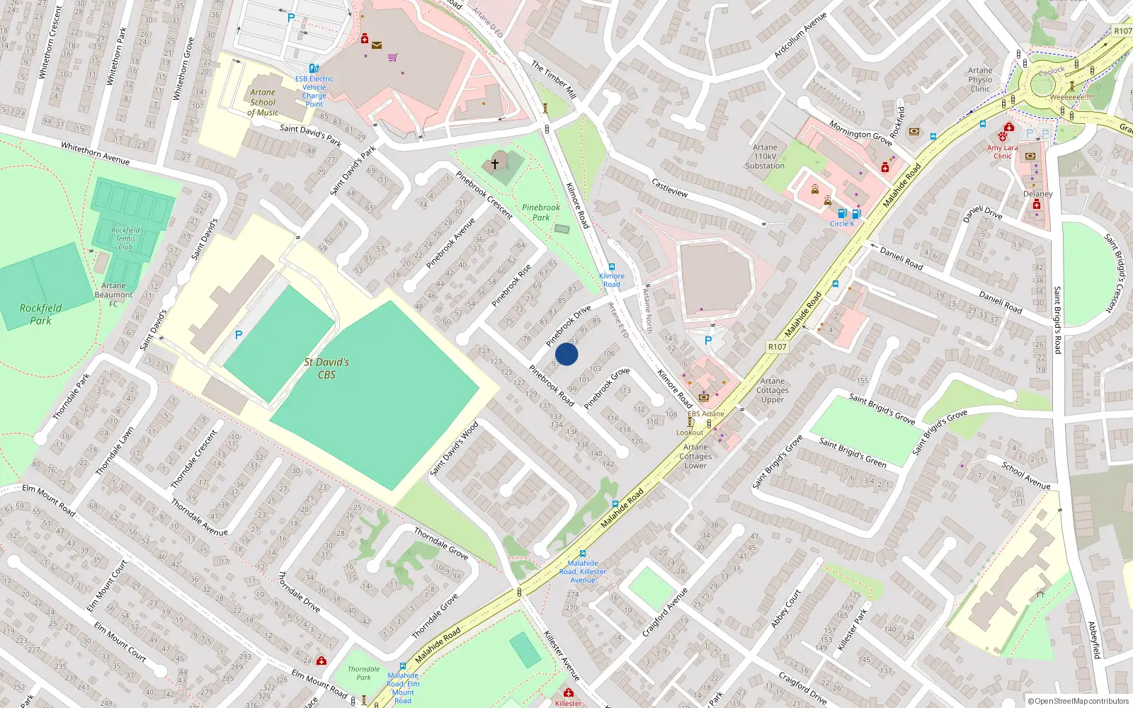 Overhead map showing the location of 95 Pinebrook Drive, Dublin 5