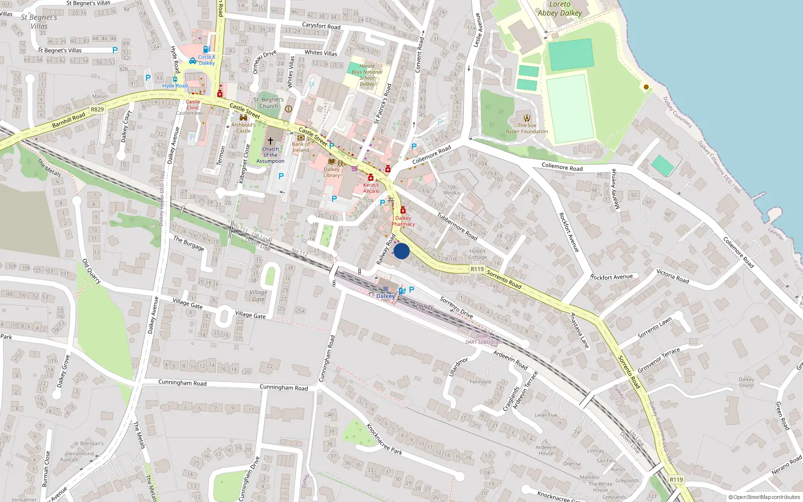 Overhead map showing the location of 95 Sorrento Road, Dublin