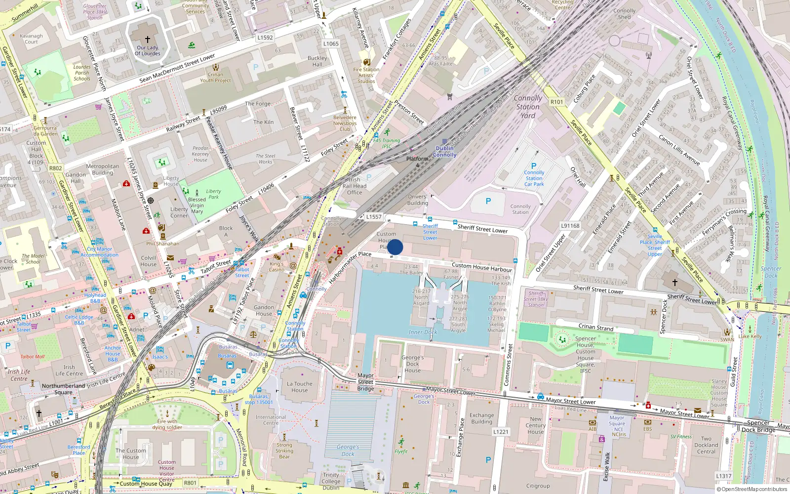 Overhead map showing the location of 95 the Hooke, 3 Harbourmaster Place, Dublin 1