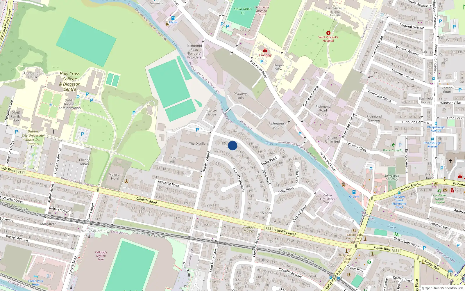 Overhead map showing the location of 95 Tolka Road, Dublin 3