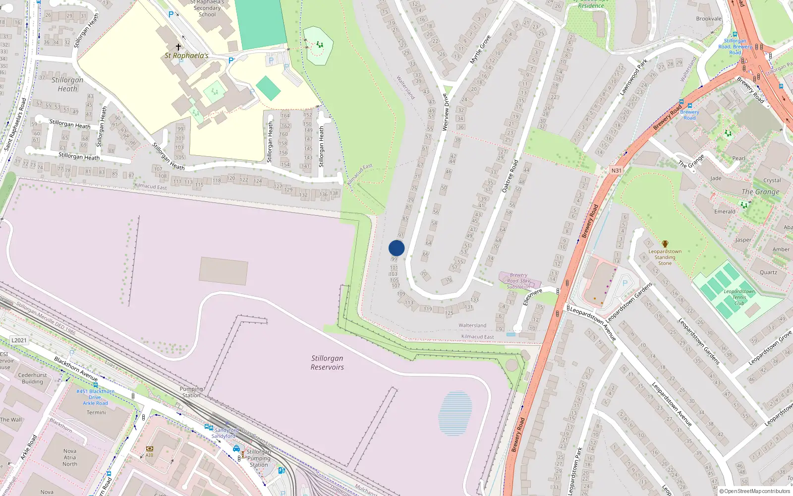 Overhead map showing the location of 95 Weirview Drive, Stillorgan, Dublin