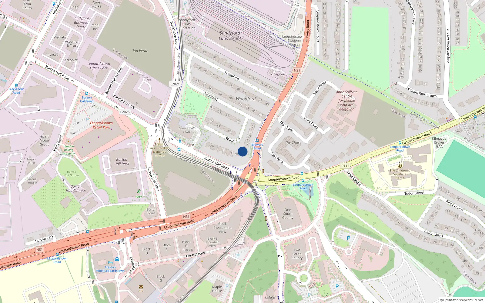 Overhead map showing the location of 95 Woodford, Stillorgan