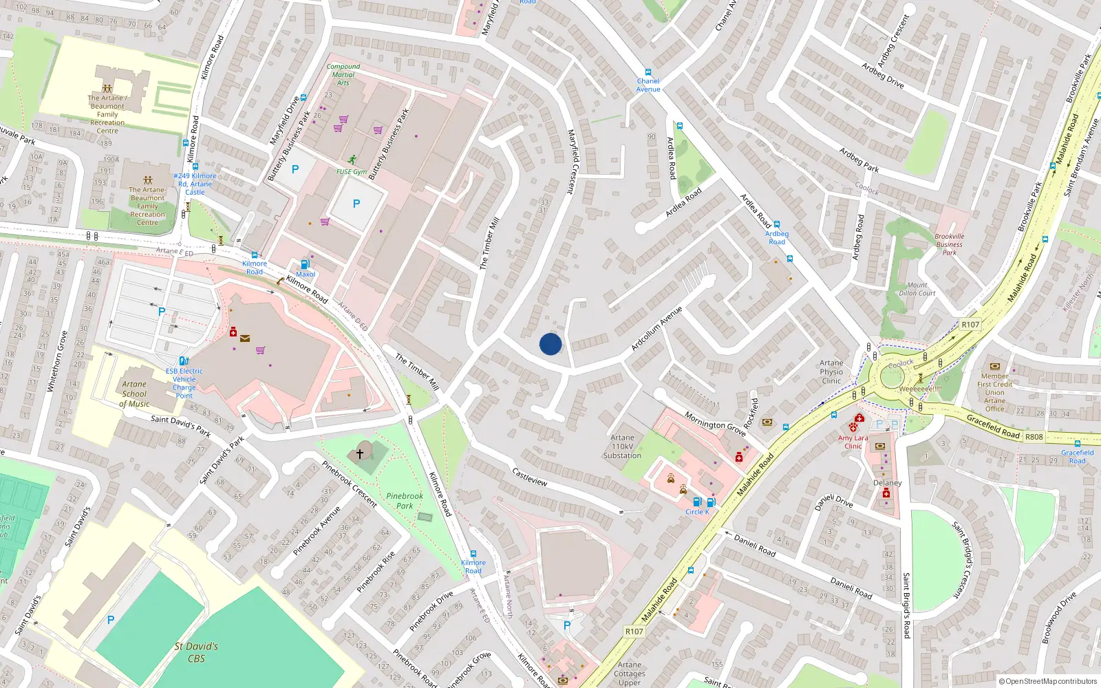 Overhead map showing the location of 96 Ardcollum Avenue, Dublin 5