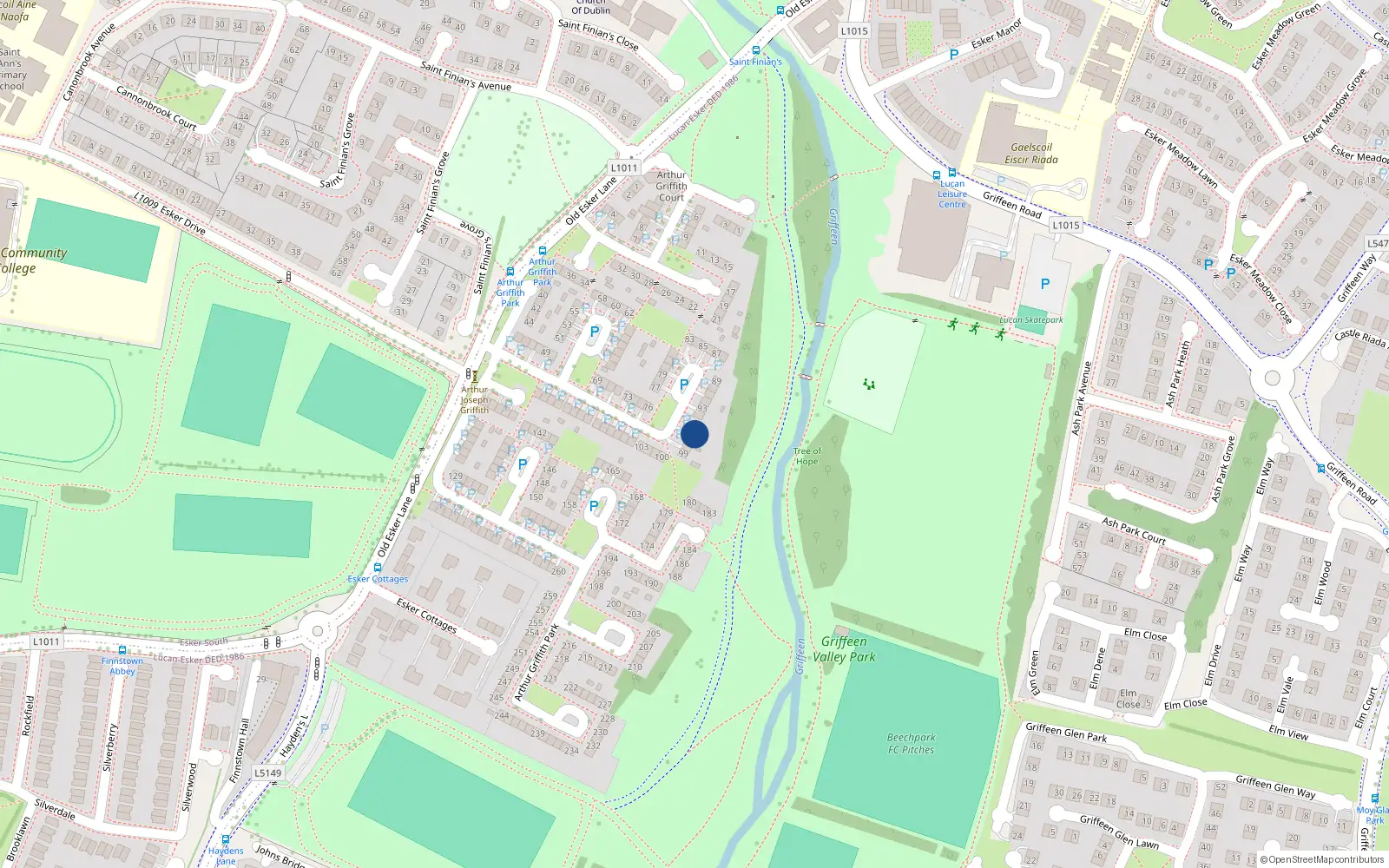 Overhead map showing the location of 96 Arthur Griffith Park, Lucan, Dublin
