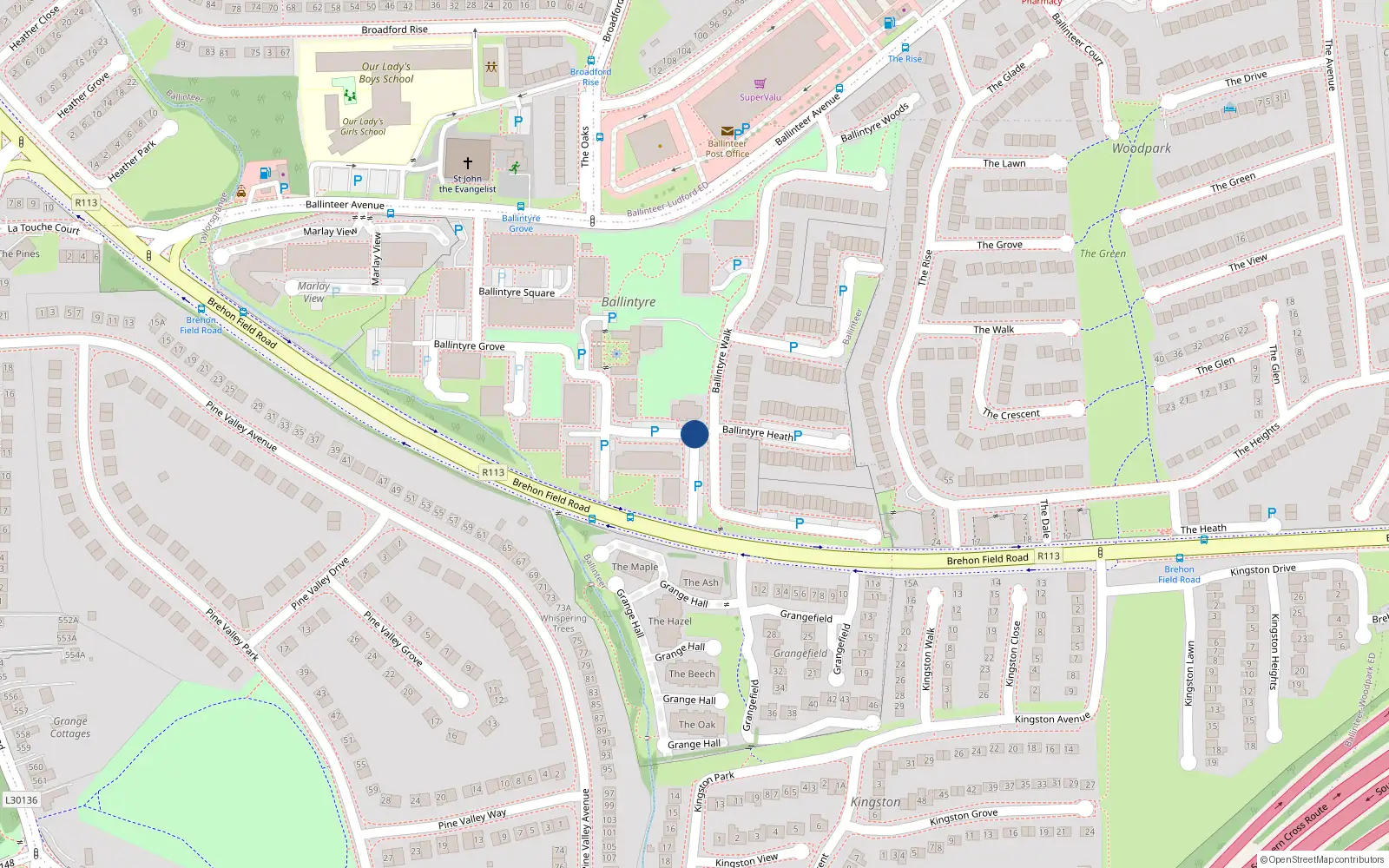 Overhead map showing the location of 96 Ballintyre Meadows, Dublin