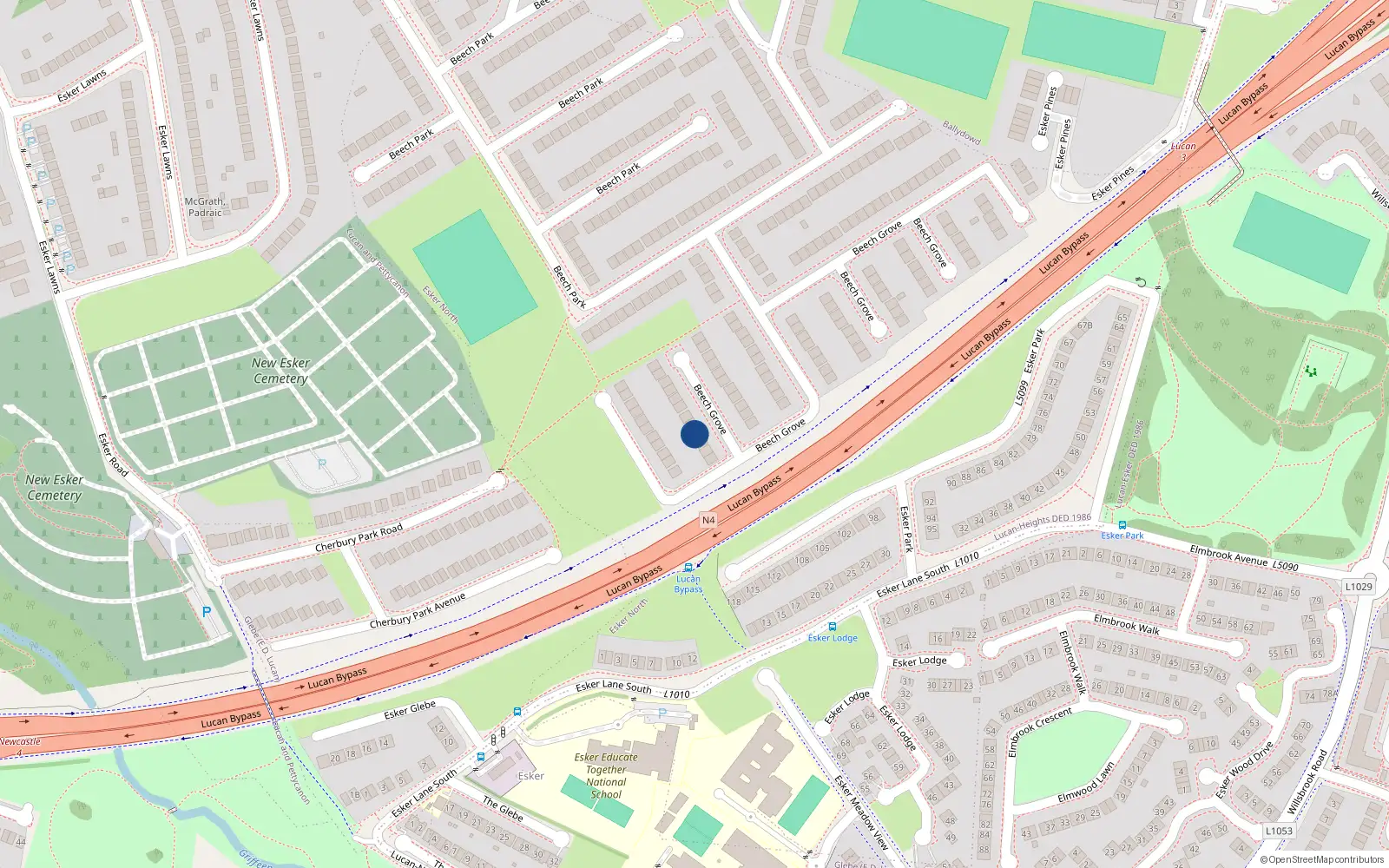 Overhead map showing the location of 96 Beech Grove, Lucan, Dublin