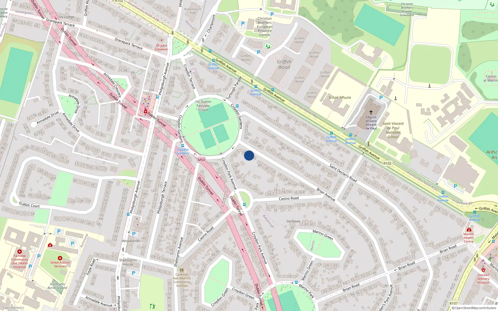 Overhead map showing the location of 96 Brian Avenue, Marino, Dublin 3