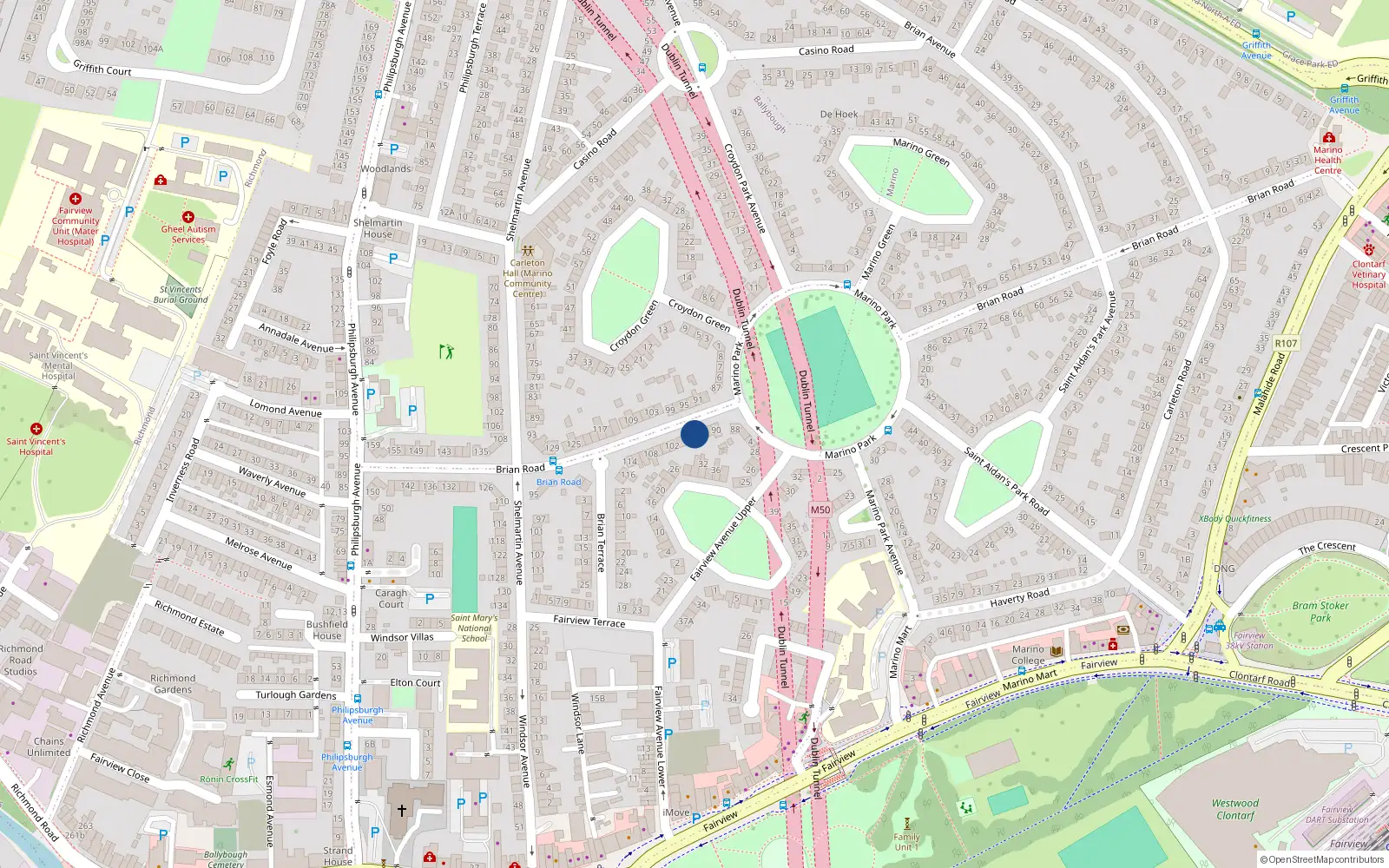 Overhead map showing the location of 96 Brian Road, Dublin 3