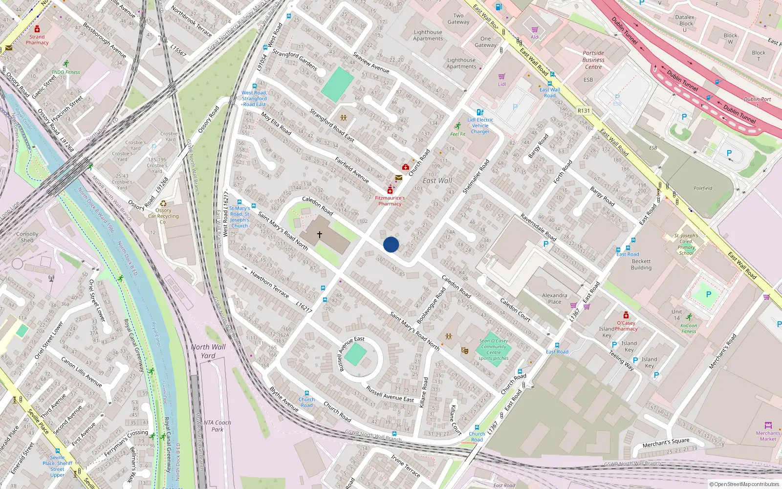 Overhead map showing the location of 96 Caledon Road, East Wall, Dublin 3