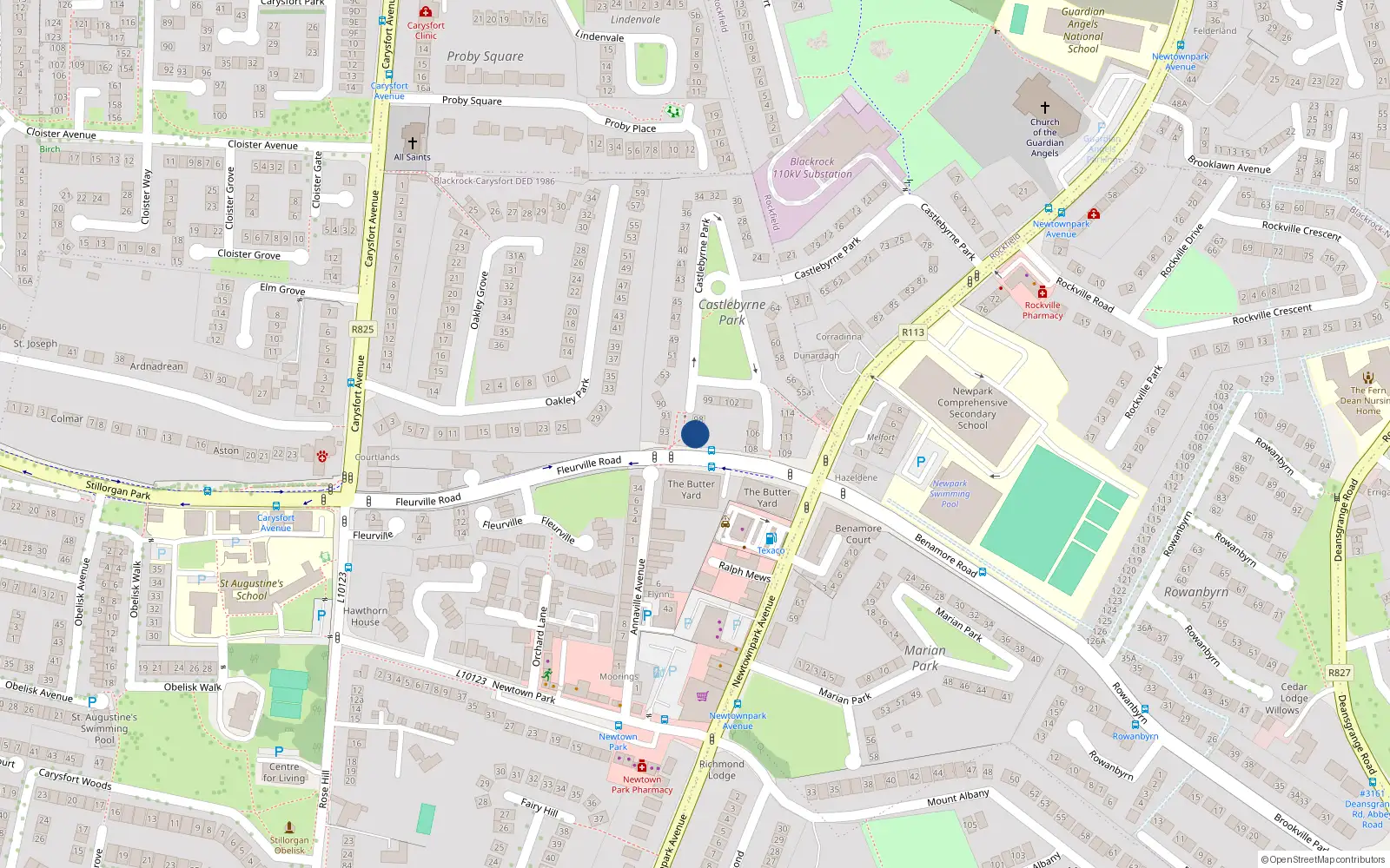 Overhead map showing the location of 96 Castlebyrne Park, Blackrock, Dublin