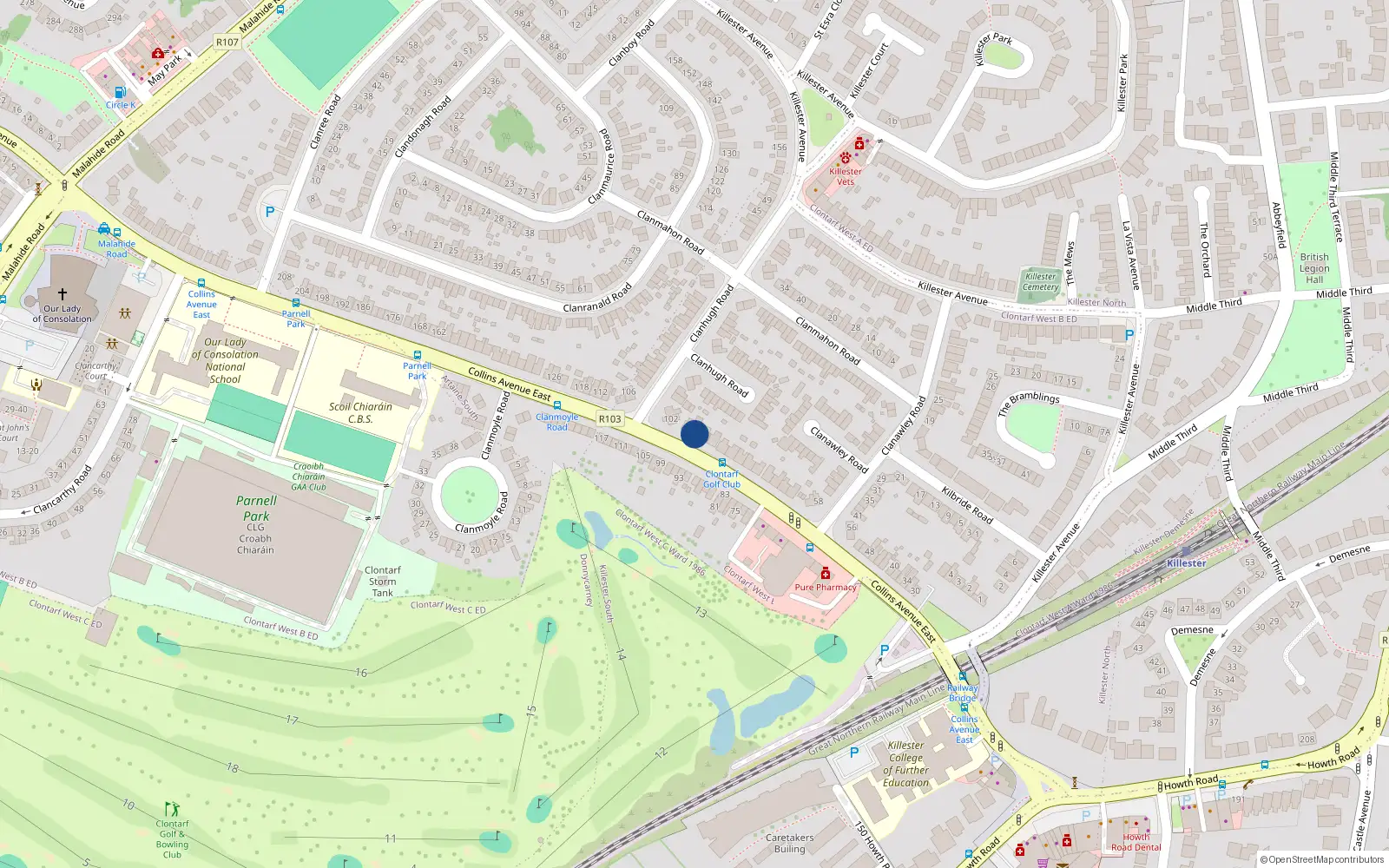 Overhead map showing the location of 96 Collins Avenue East, Dublin 5