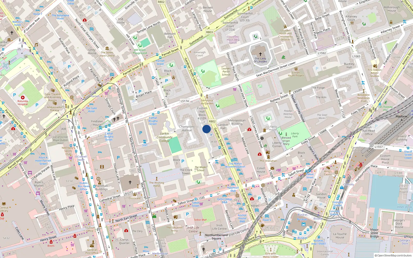 Overhead map showing the location of 96 Custom Hall, Lower Gardiner St, Dublin 1