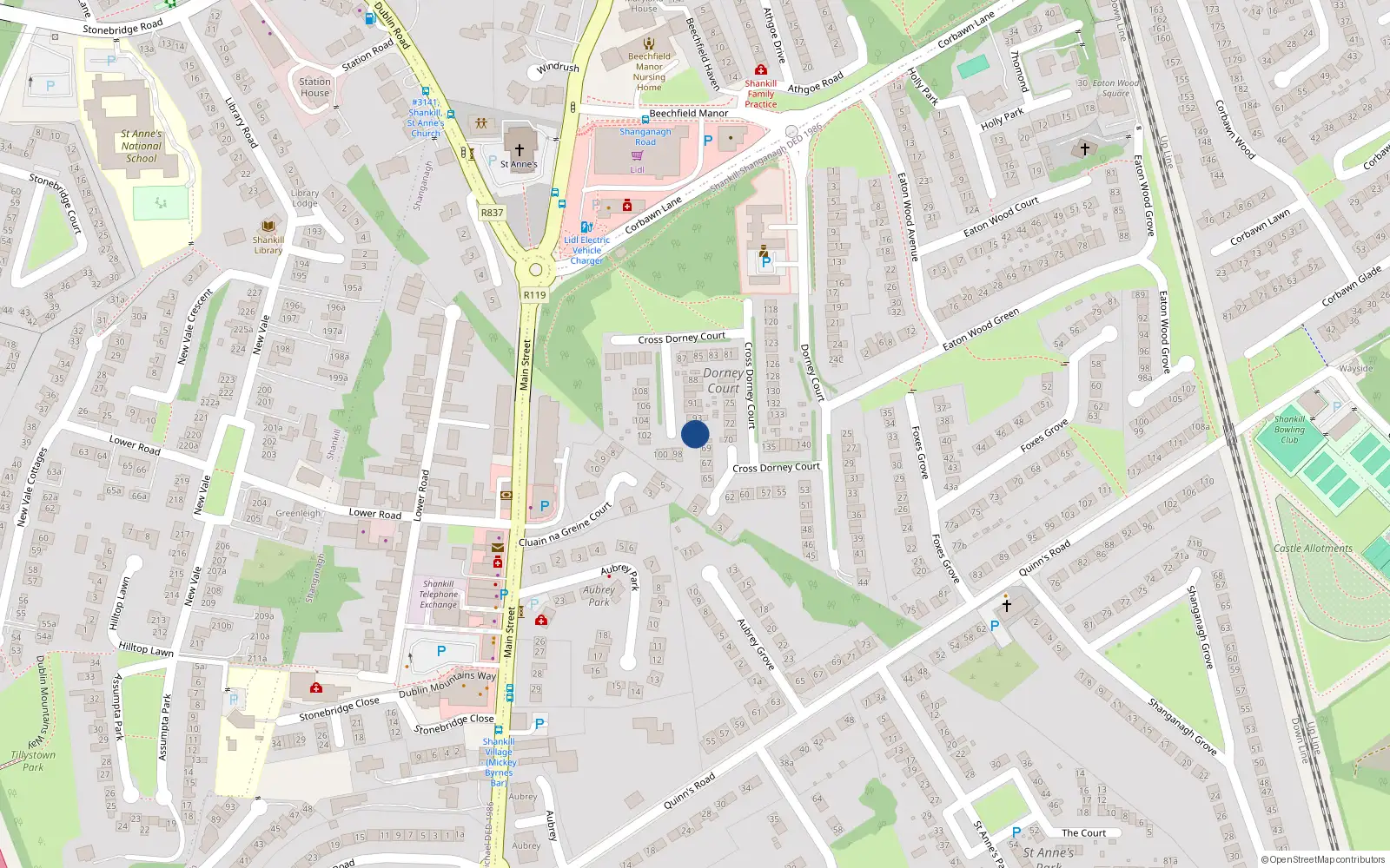 Overhead map showing the location of 96 Dorney Court, Shankill