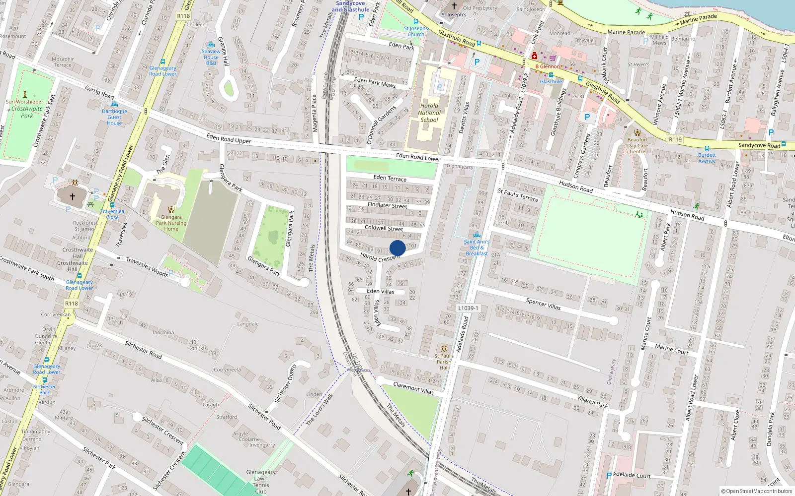 Overhead map showing the location of 96 Eden Villas, Dublin