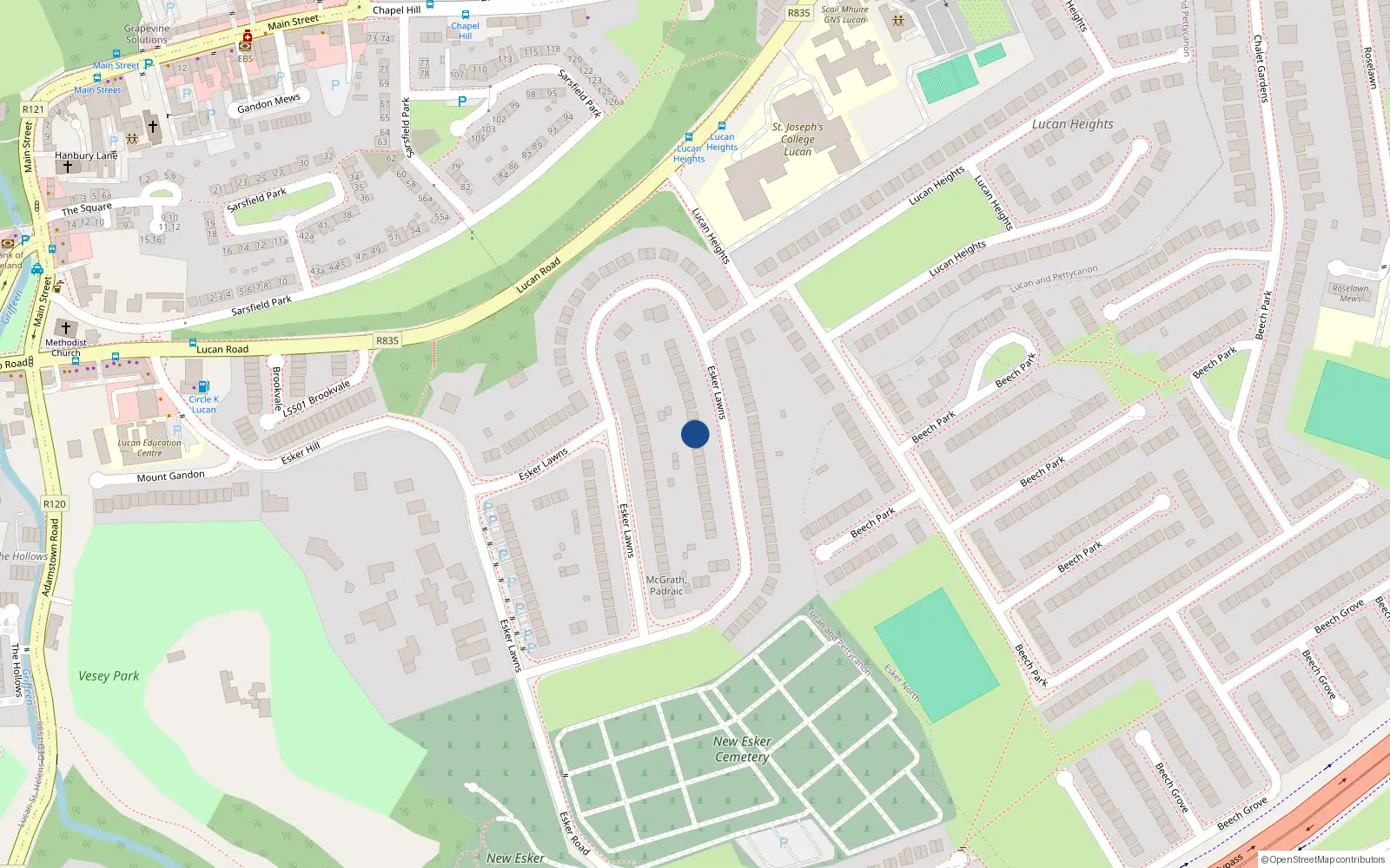 Overhead map showing the location of 96 Esker Lawns, Lucan