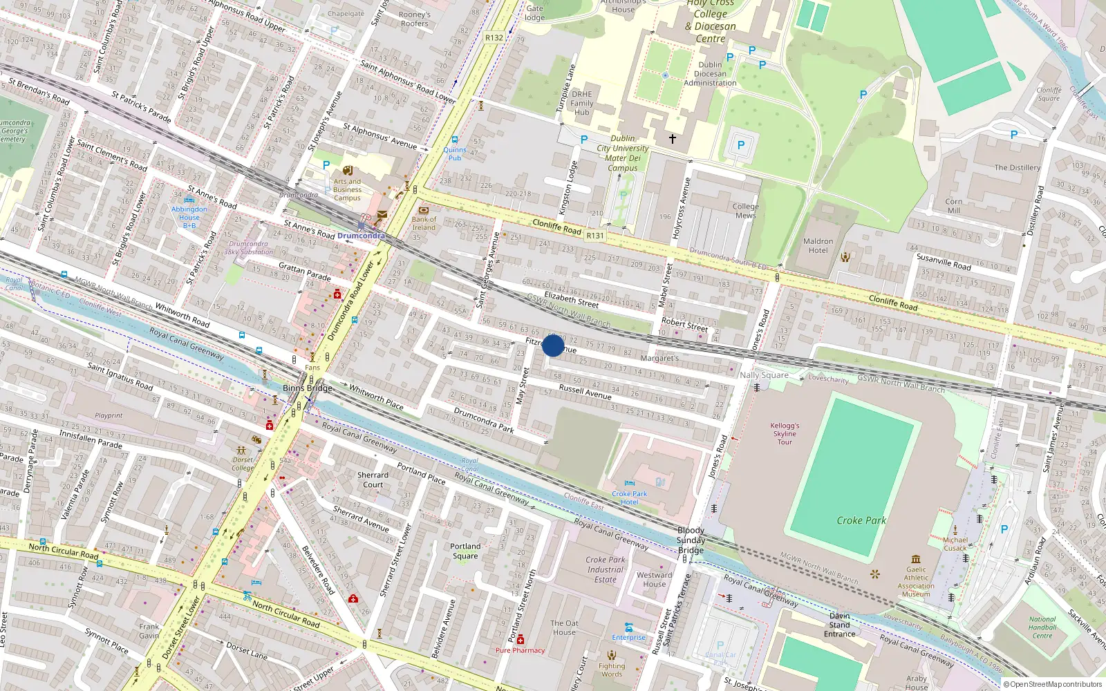 Overhead map showing the location of 96 Fitzroy Avenue, Ballybough