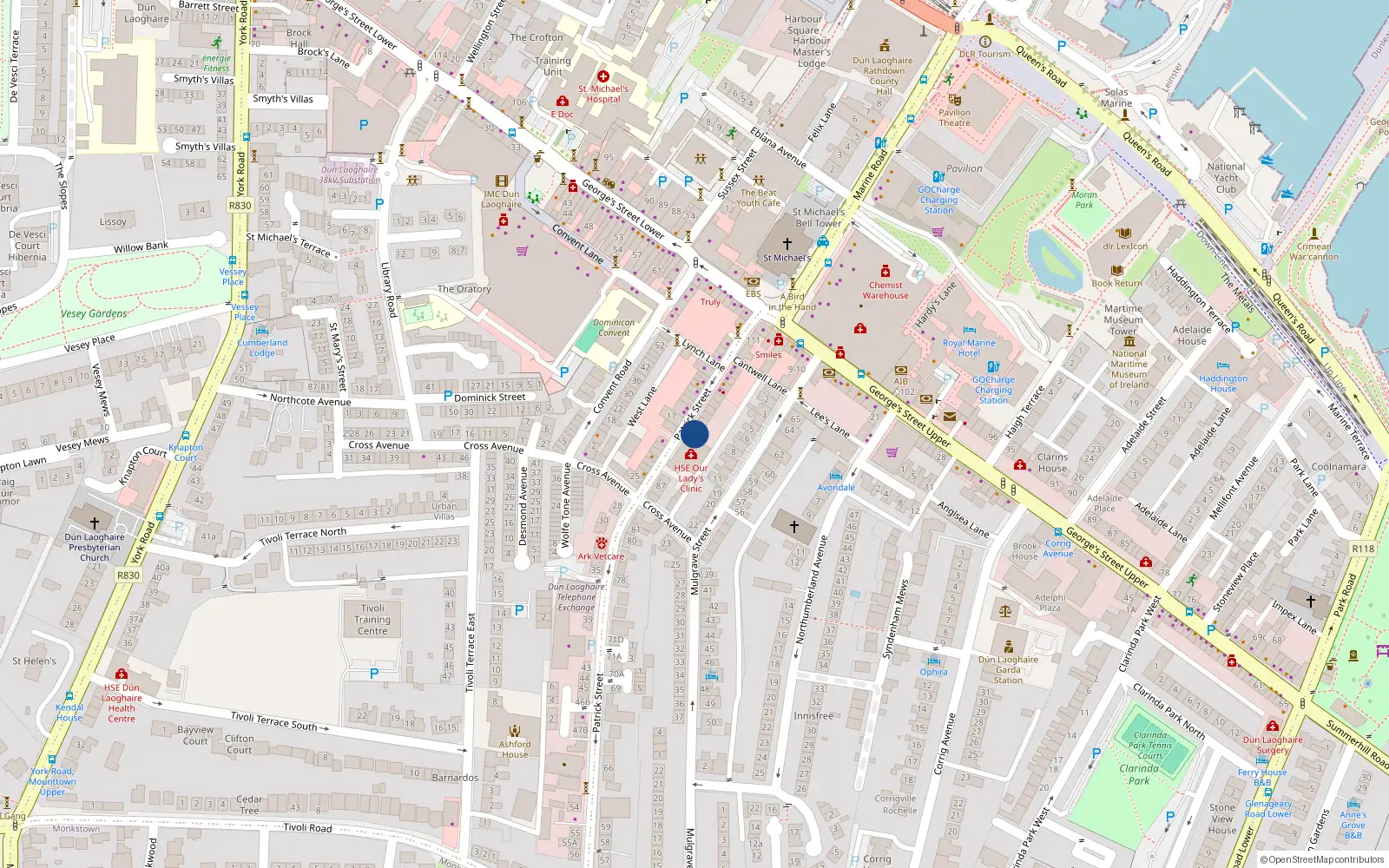 Overhead map showing the location of 96 Patrick Street, Dunlaoghaire, Co Dublin