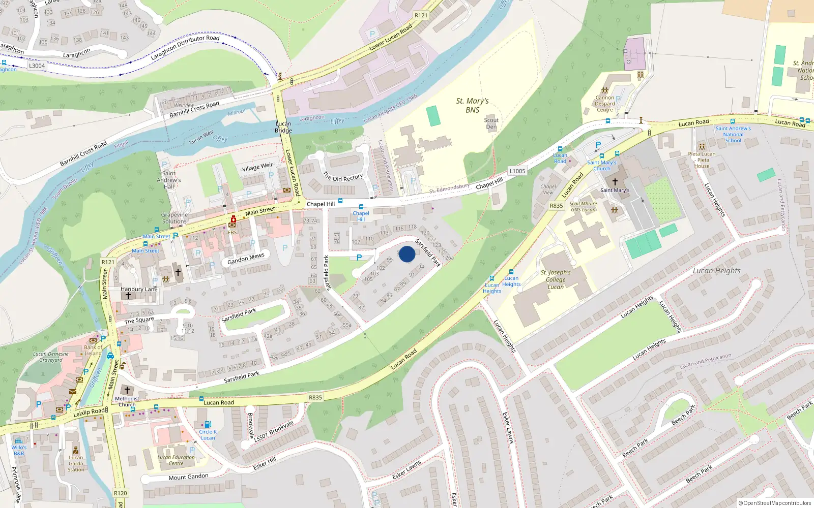 Overhead map showing the location of 96 Sarsfield Park, Lucan