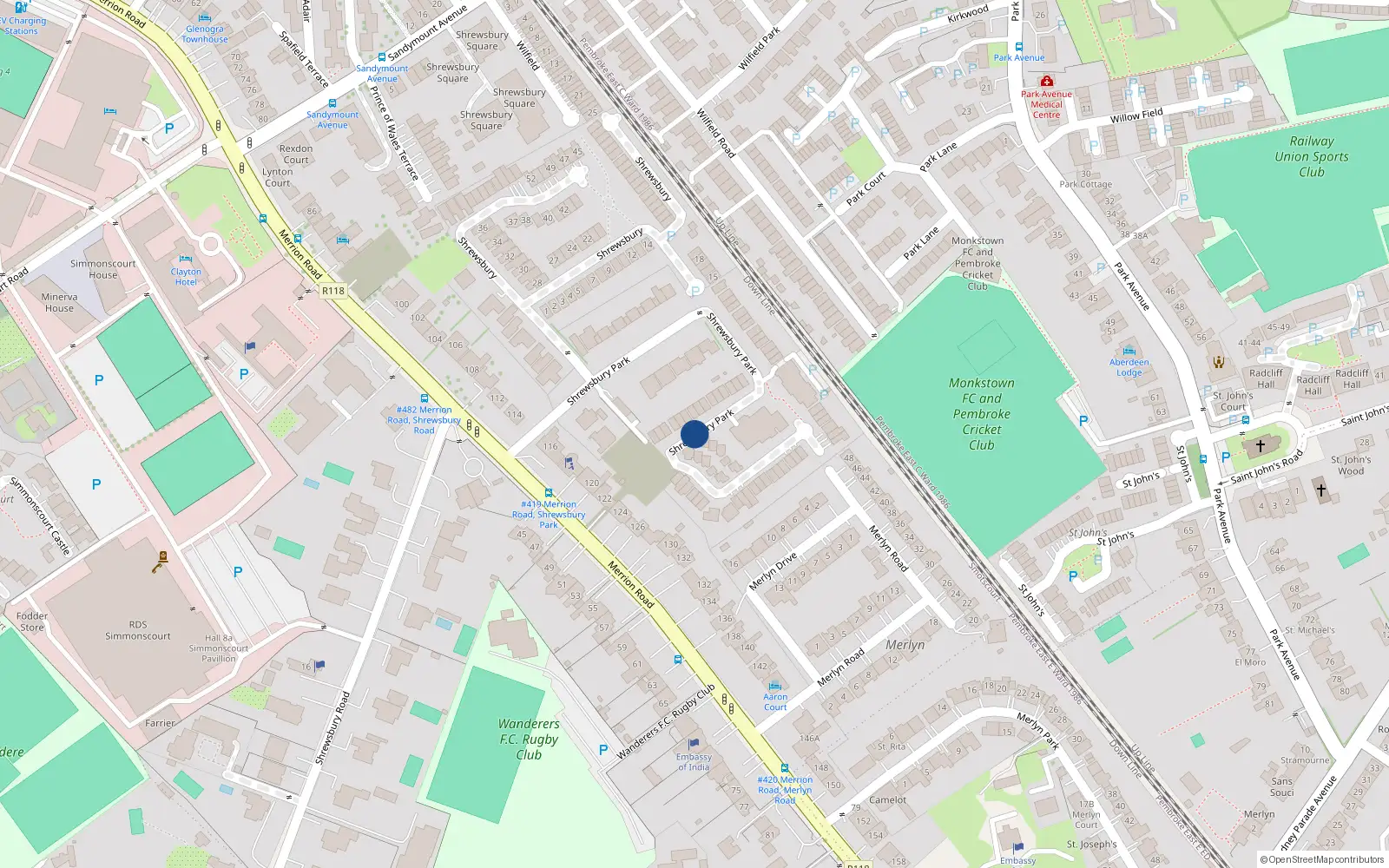 Overhead map showing the location of 96 Shrewsbury Park, Dublin 1