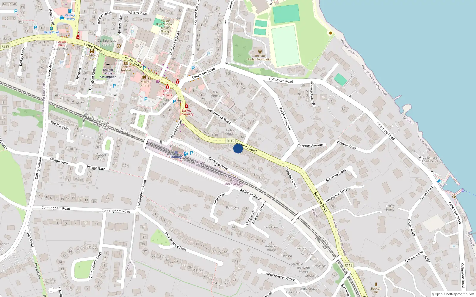 Overhead map showing the location of 96 Sorrento Road, Dalkey, Dublin