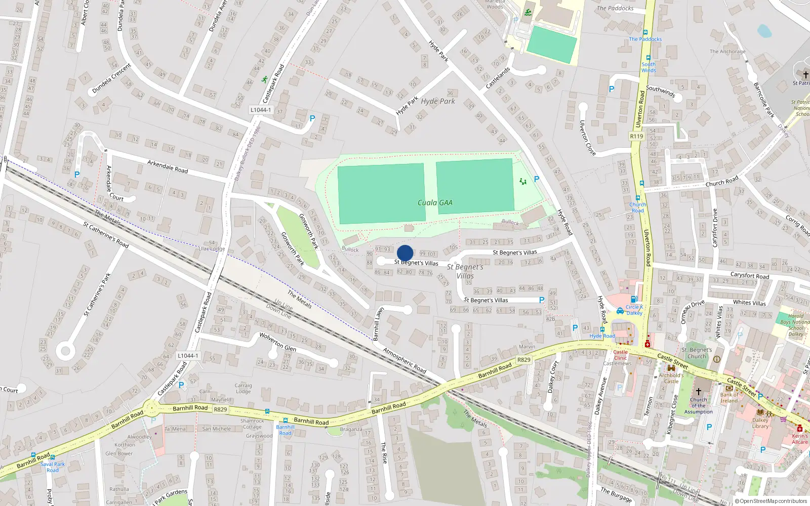 Overhead map showing the location of 96 St Begnets Villas, Dalkey, Dublin