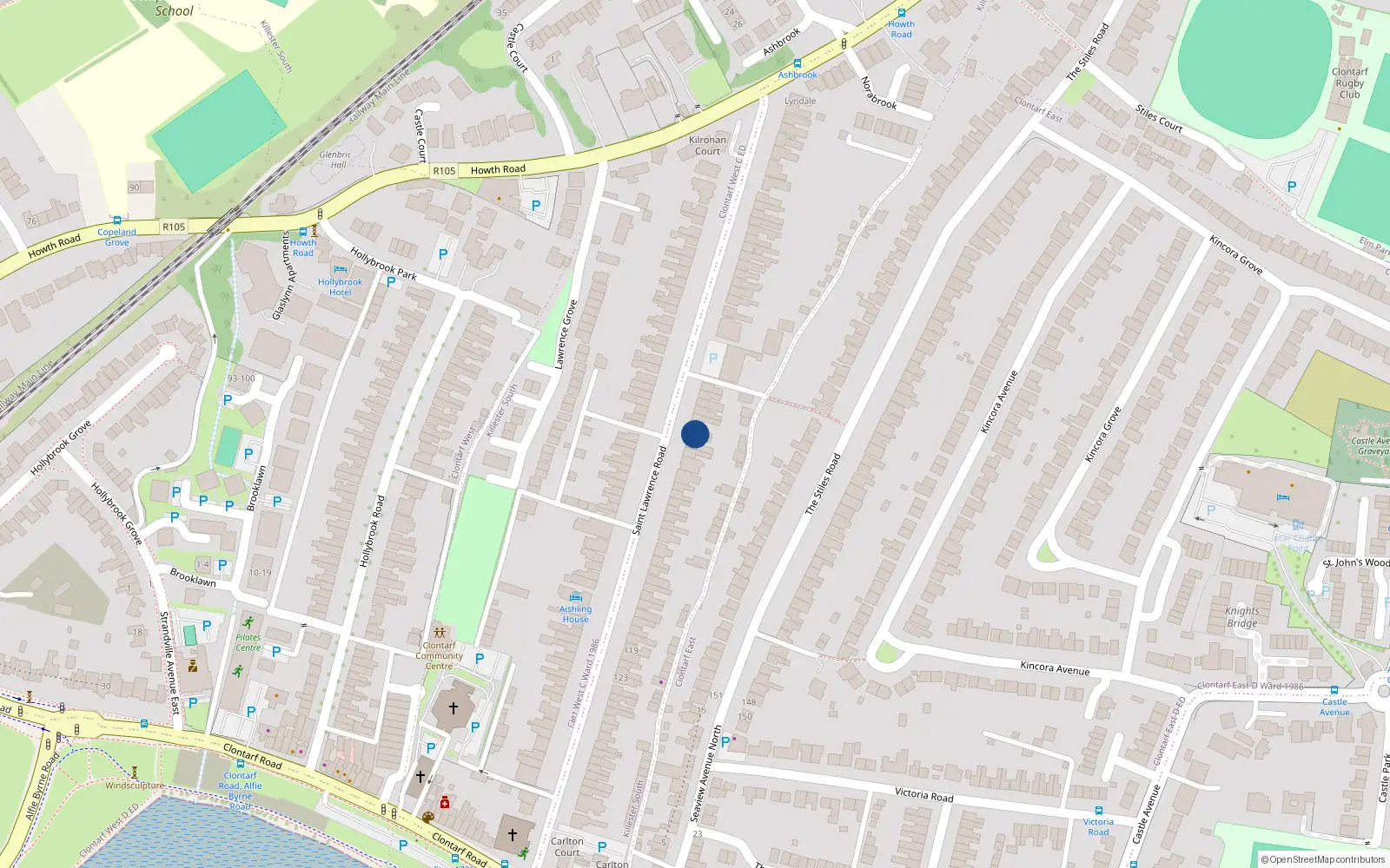 Overhead map showing the location of 96 St Lawrences Road, Clontarf, Dublin 3