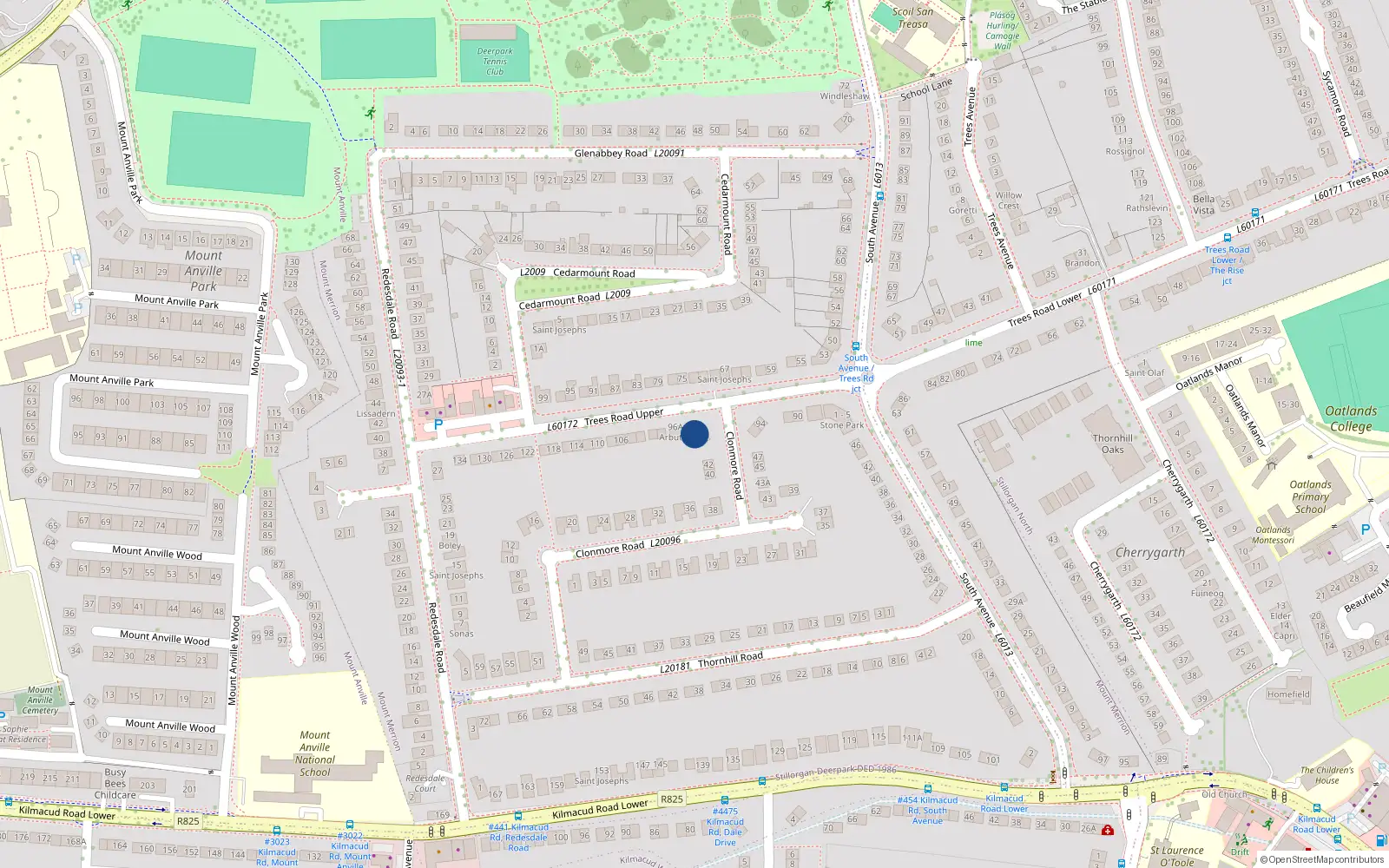 Overhead map showing the location of 96 Trees Road, Mount Merrion, Co Dublin