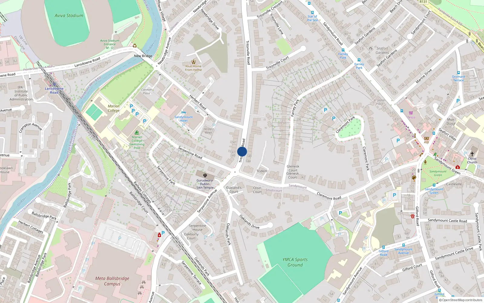 Overhead map showing the location of 96 Tritonville Road, Sandymount