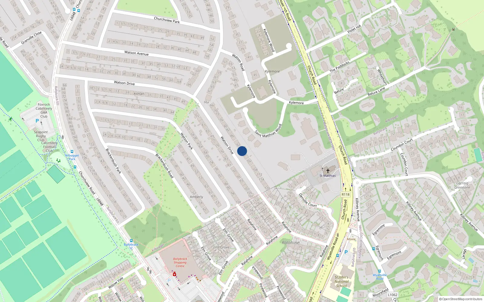 Overhead map showing the location of 96 Watson Drive, Killiney