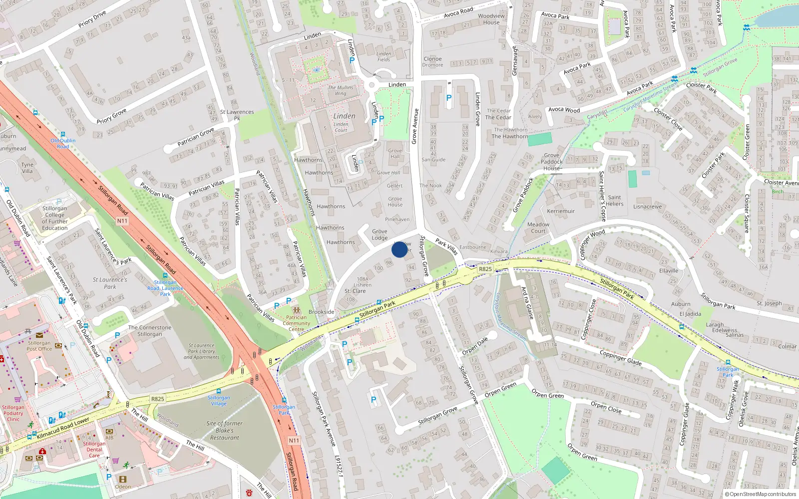 Overhead map showing the location of 96A Stillorgan Grove, Blackrock, Dublin