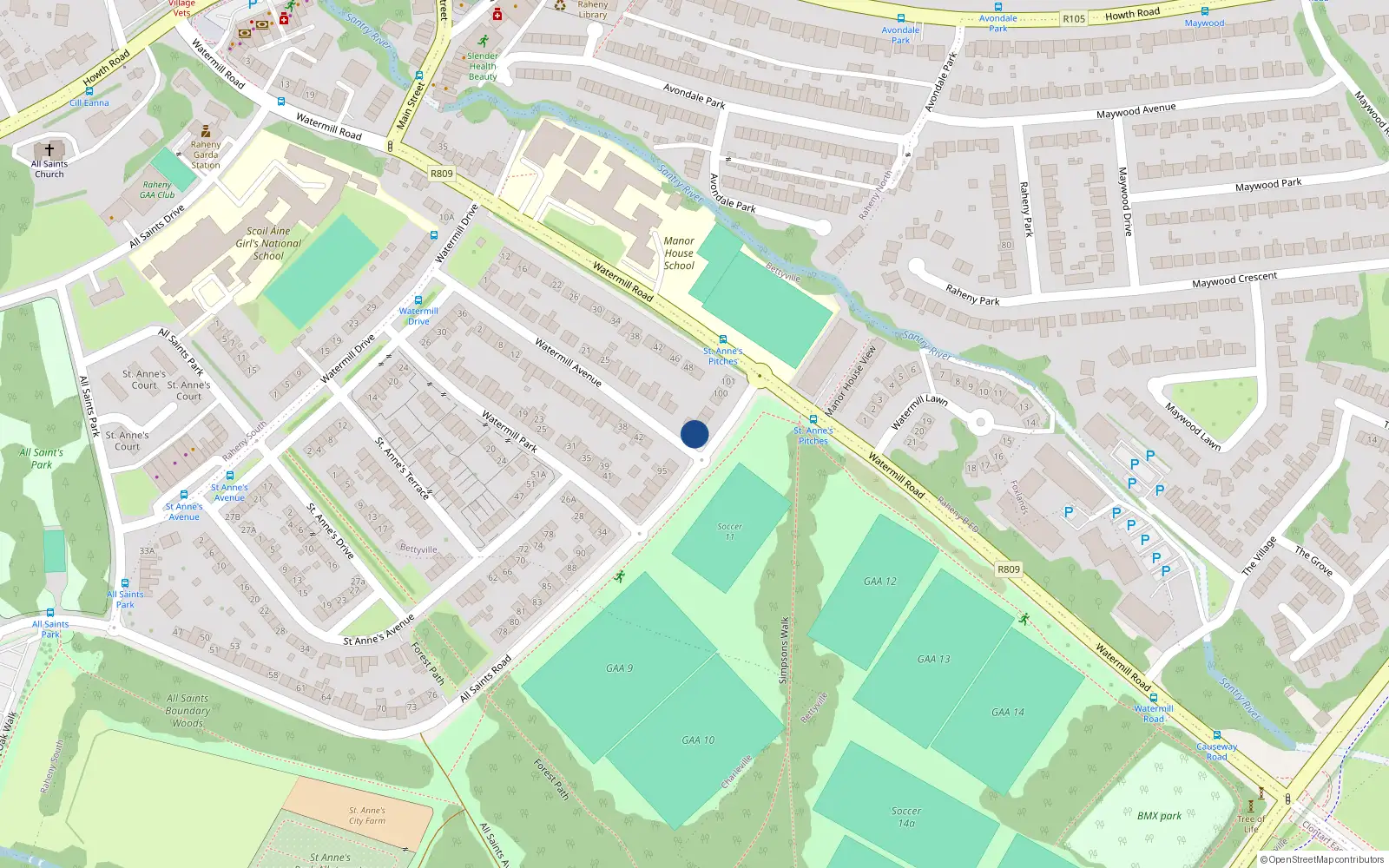 Overhead map showing the location of 97 All Saints Road, Dublin 5