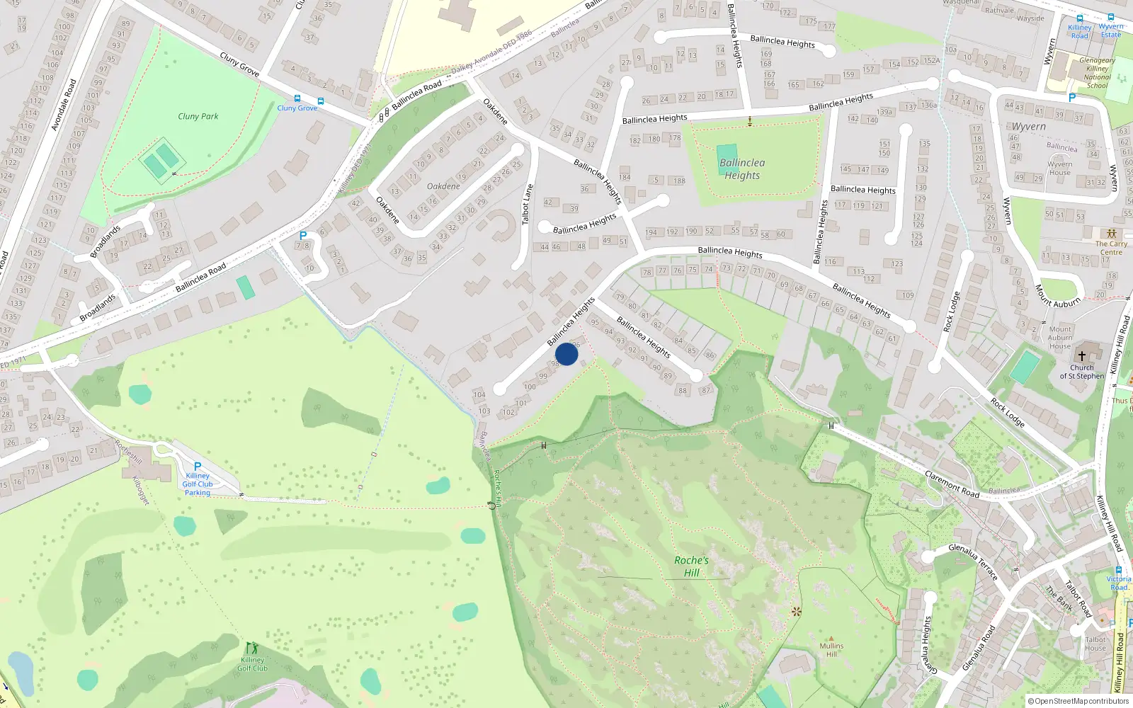 Overhead map showing the location of 97 Ballinclea Heights, Killiney