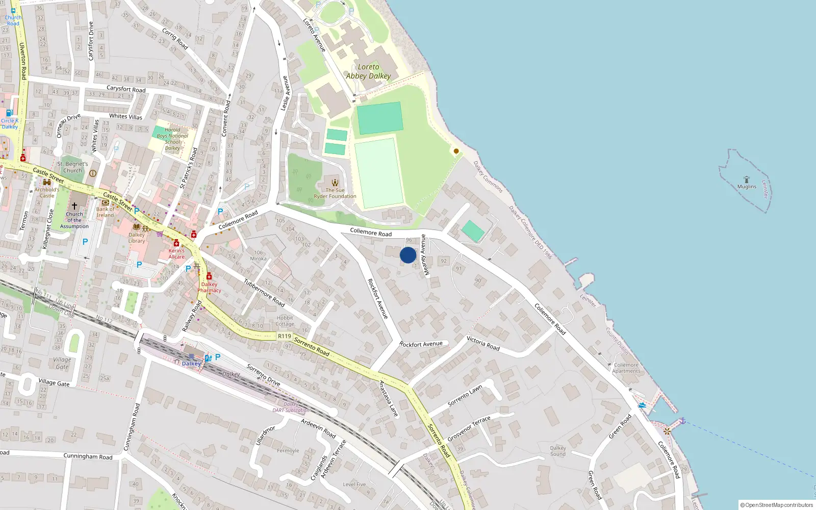 Overhead map showing the location of 97 Coliemore Road, Dalkey
