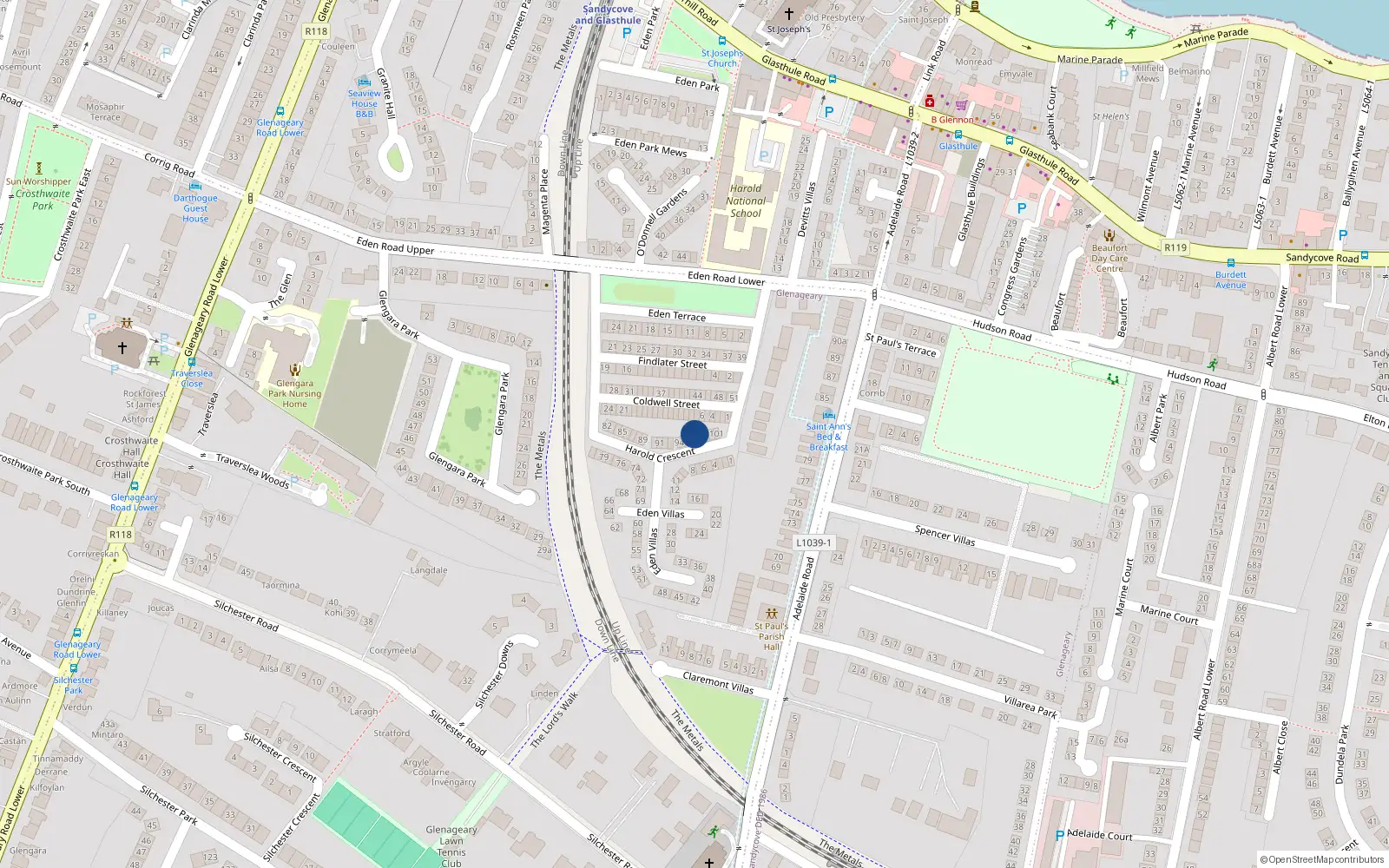 Overhead map showing the location of 97 Eden Villas, Glasthule, Co Dublin