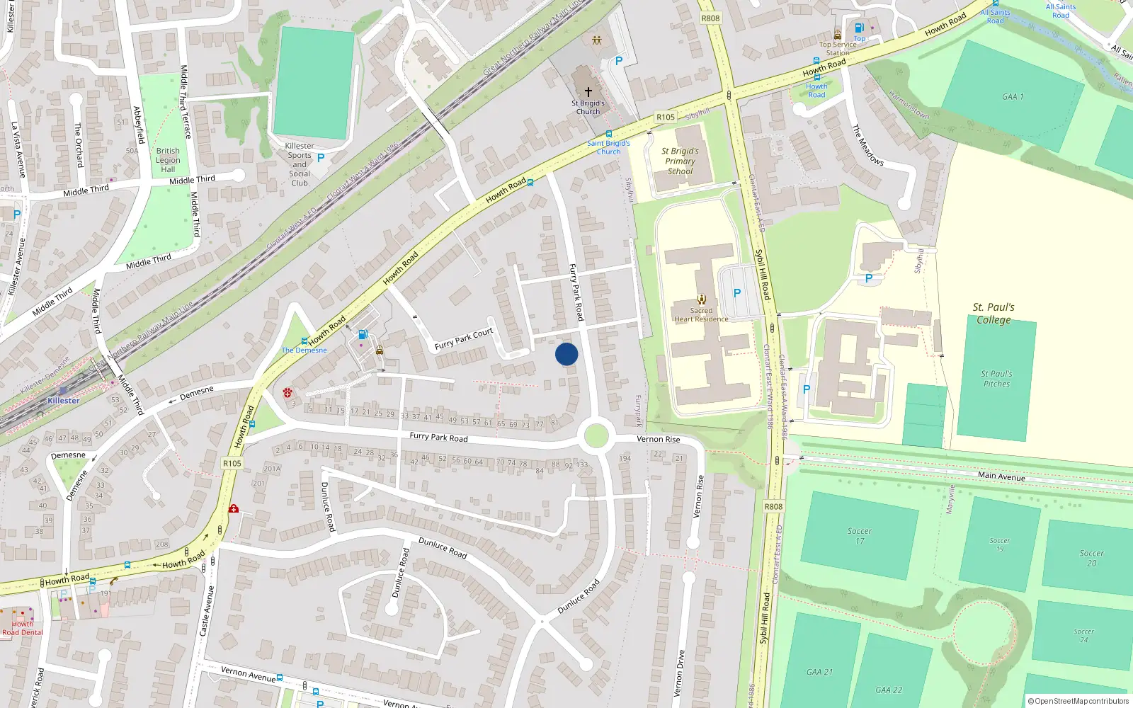 Overhead map showing the location of 97 Furry Park Road, Dublin 5
