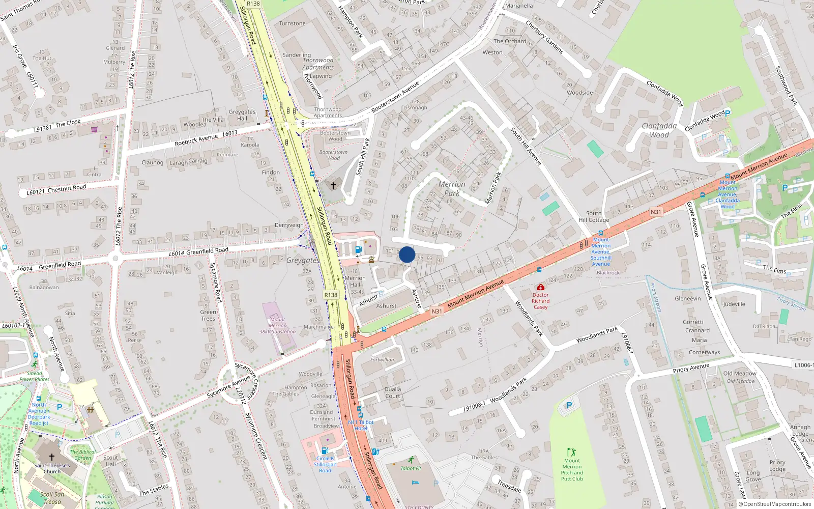 Overhead map showing the location of 97 Merrion Park, Blackrock, Dublin