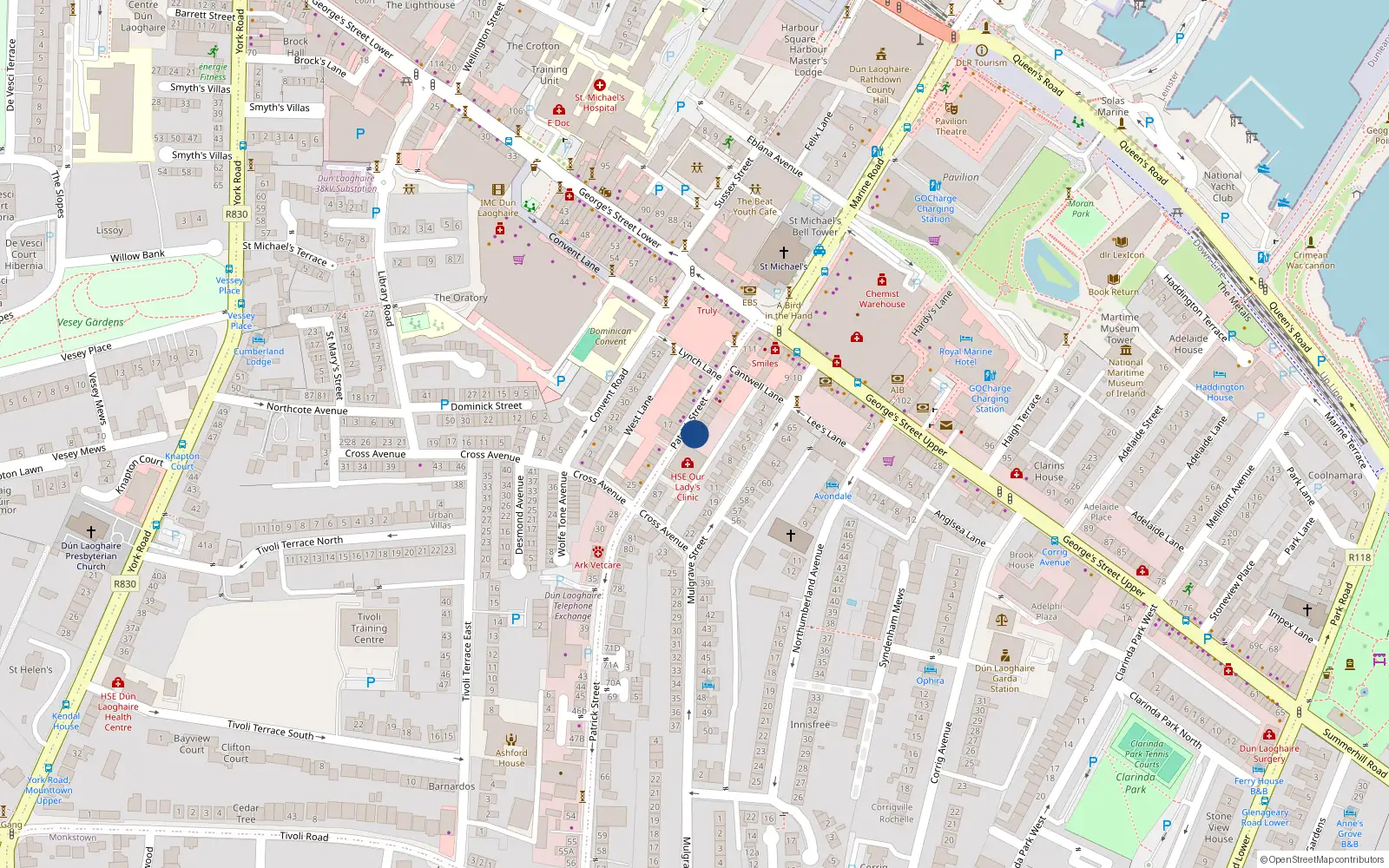 Overhead map showing the location of 97 Patrick St, Dun Laoghaire, Dublin