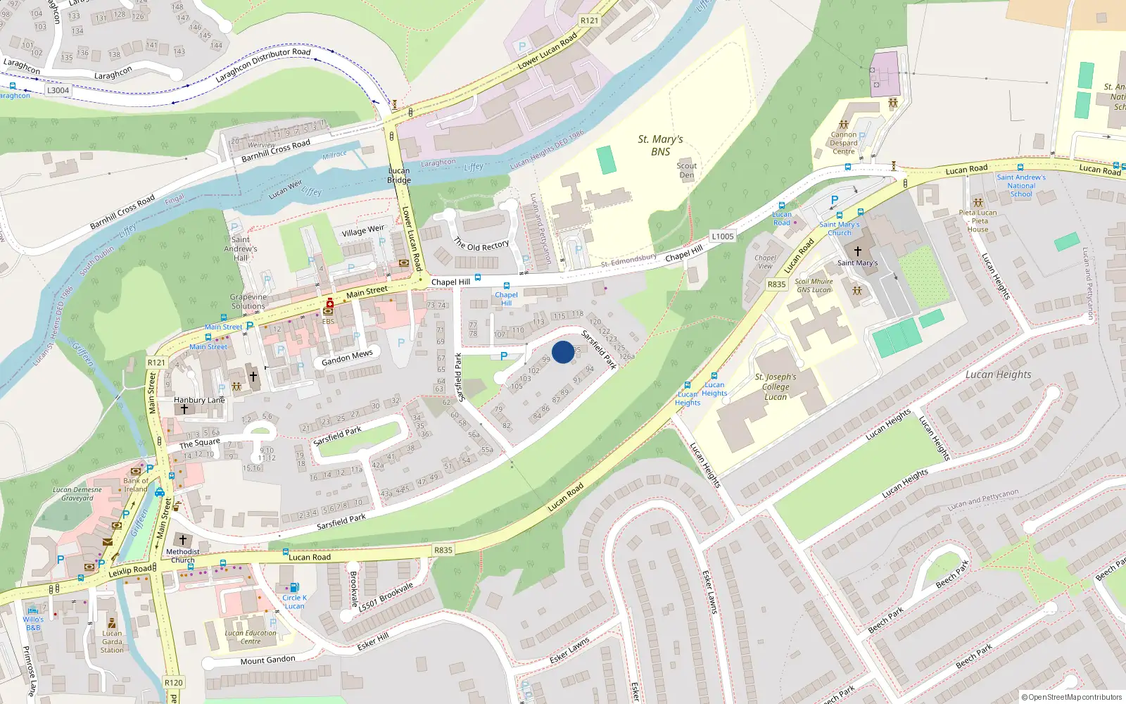 Overhead map showing the location of 97 Sarsfield Park, Lucan, Dublin