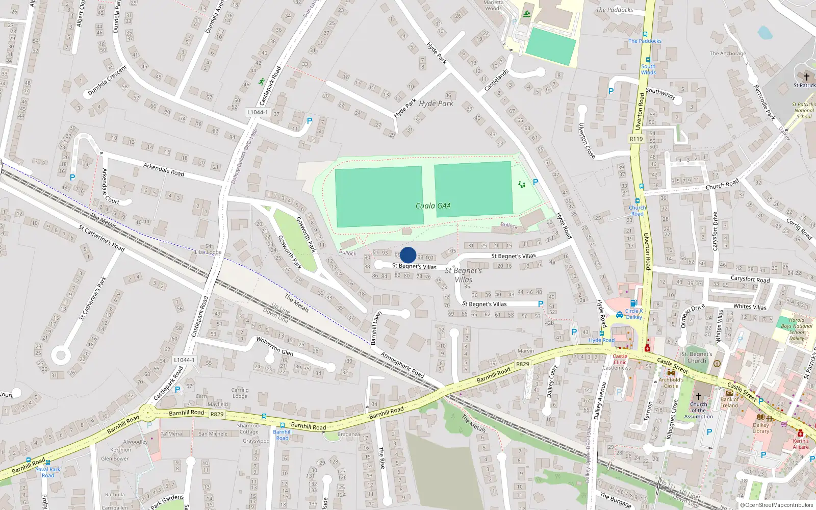 Overhead map showing the location of 97 Saint Begnet's Villas, Dalkey