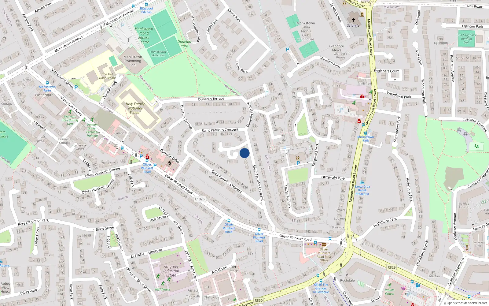 Overhead map showing the location of 97 St Patricks Crescent, Monkstown Farm, Glenageary