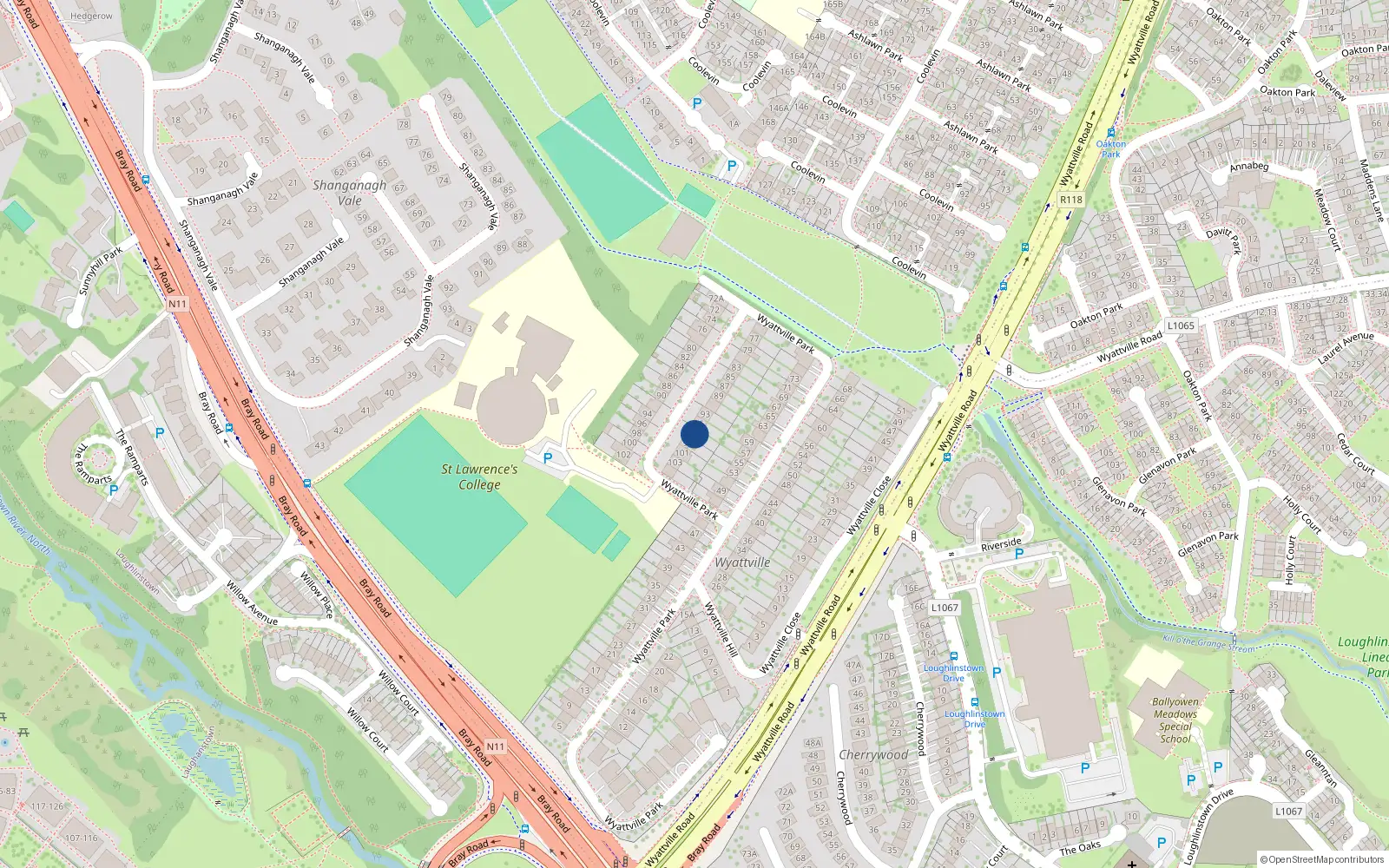 Overhead map showing the location of 97 Wyatville Park, Killiney