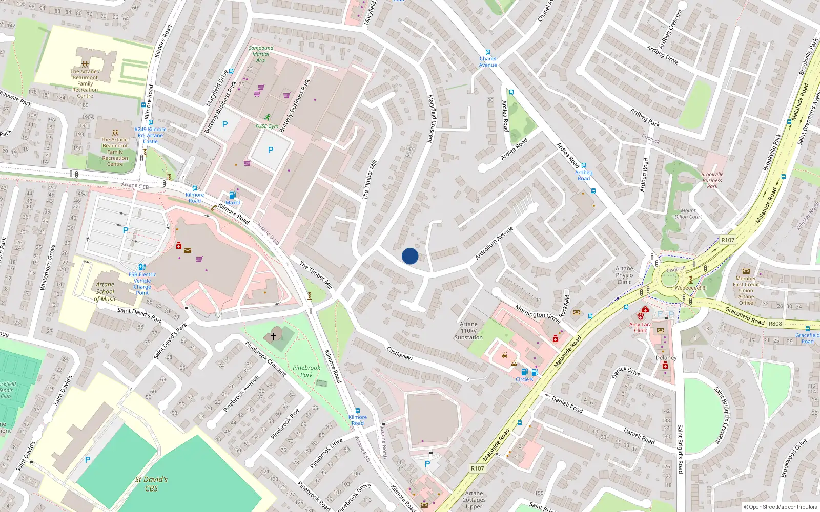 Overhead map showing the location of 98 Ardcollum Avenue, Artane, Dublin 5