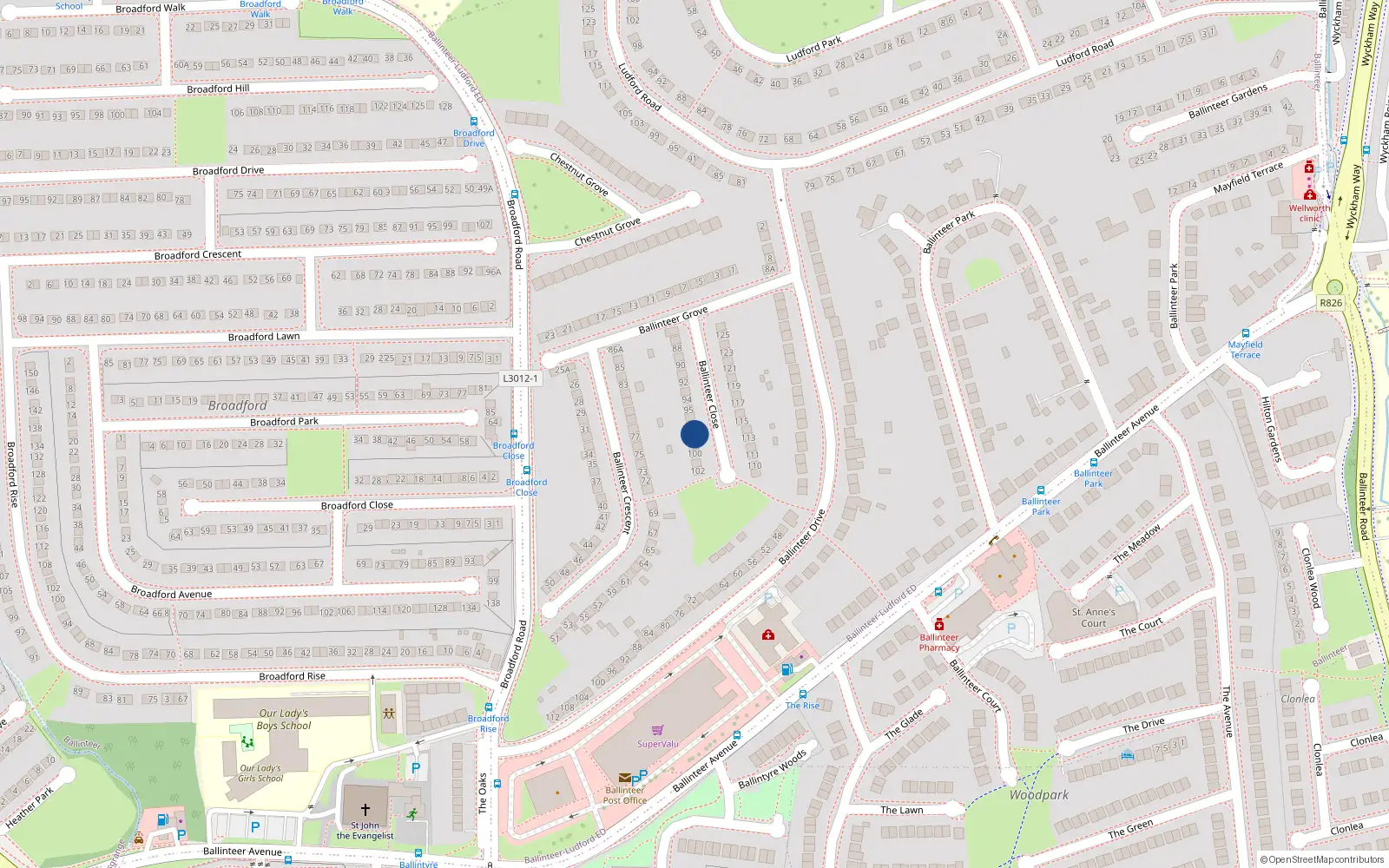 Overhead map showing the location of 98 Ballinteer Close, Dublin 16